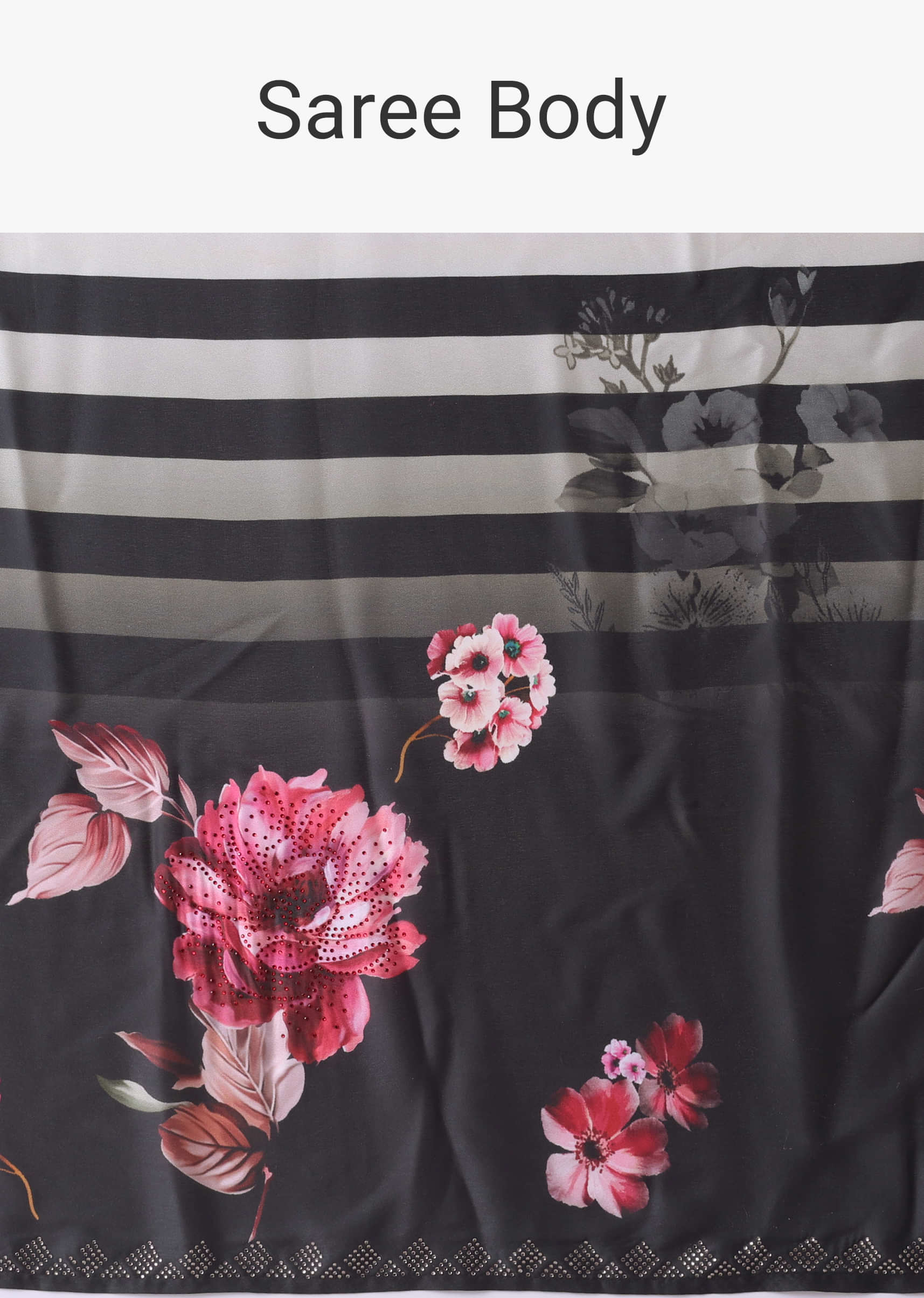 Pirate Black Floral Printed Saree With White Stripes In Satin