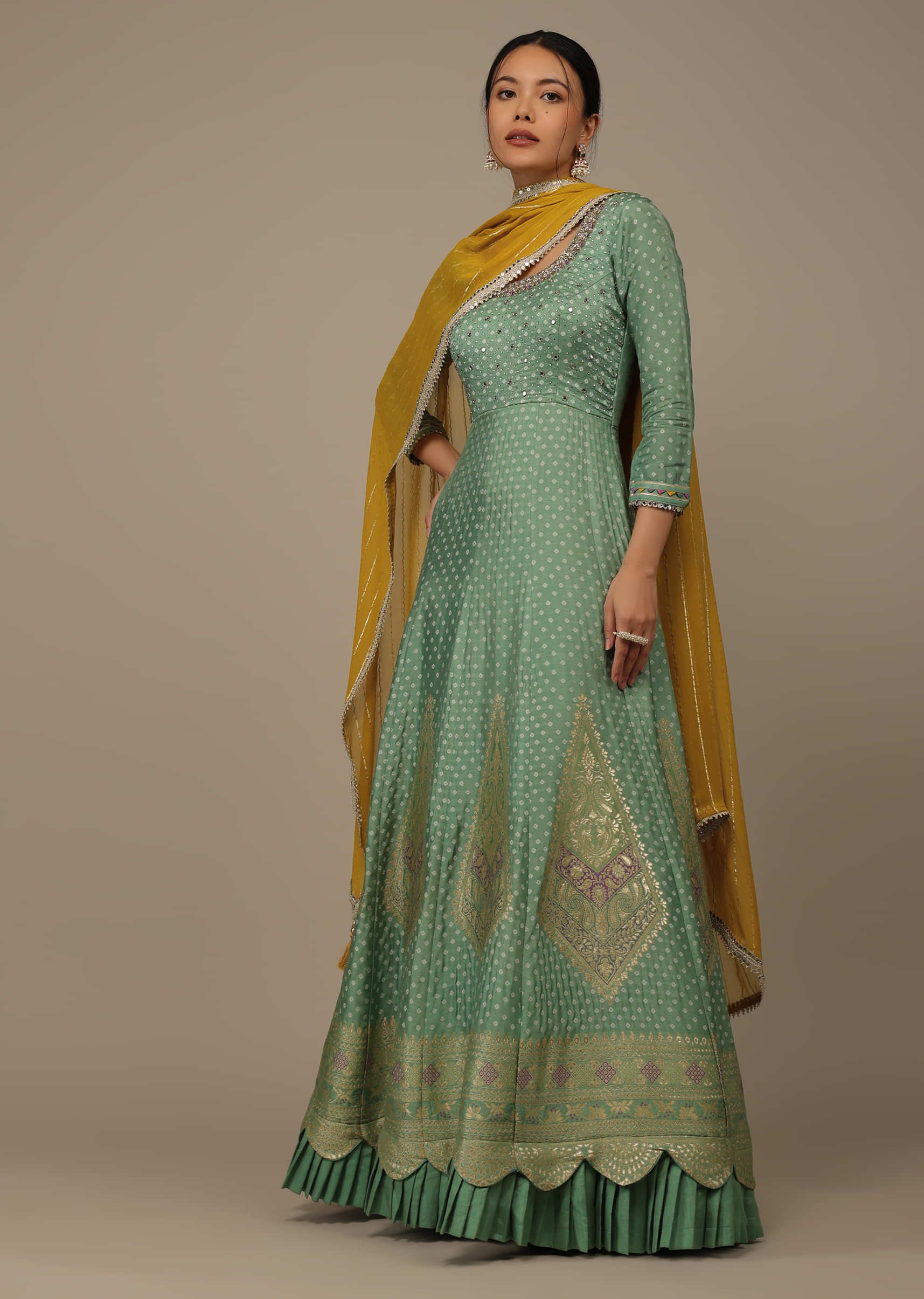 Pista Green Embroidered Anarkali Suit In Silk With Brocade Woven Floral Buttis