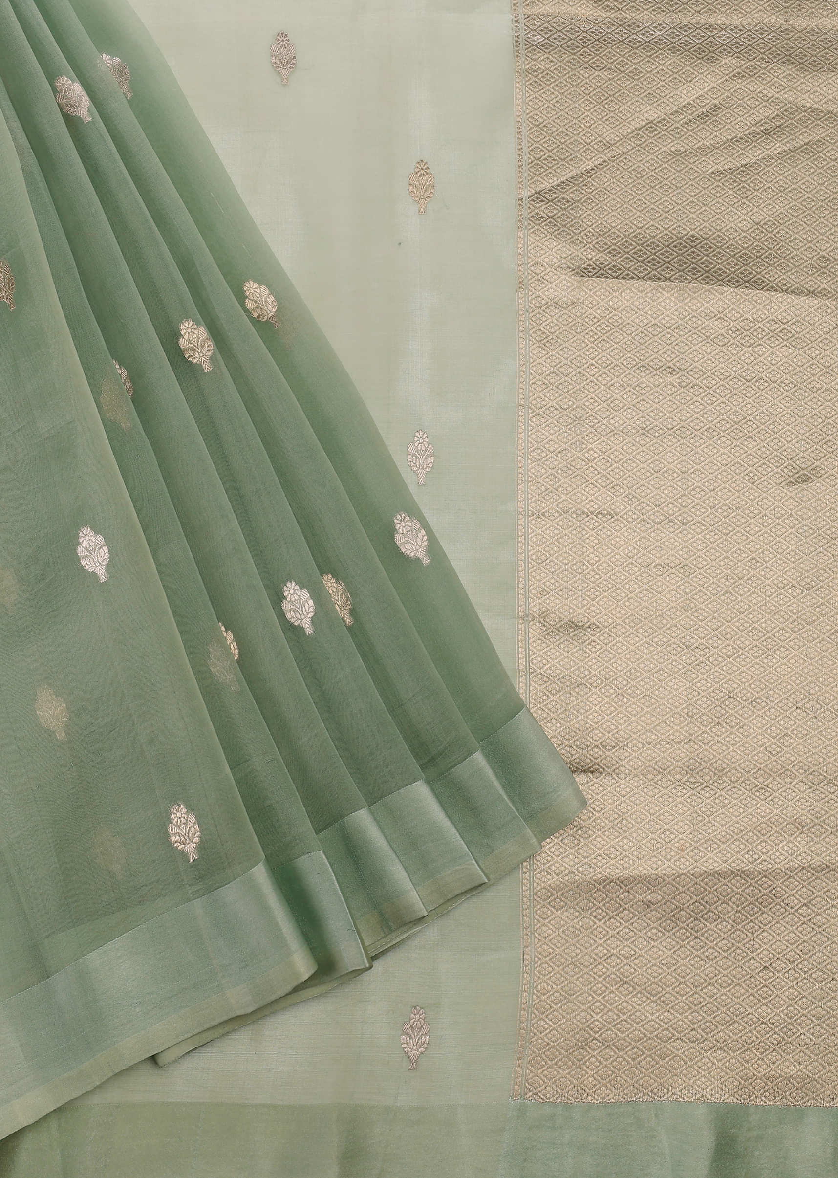 Pista Green Handloom Banarasi Saree In Kora Silk With Antique Zari Pallu And Butti