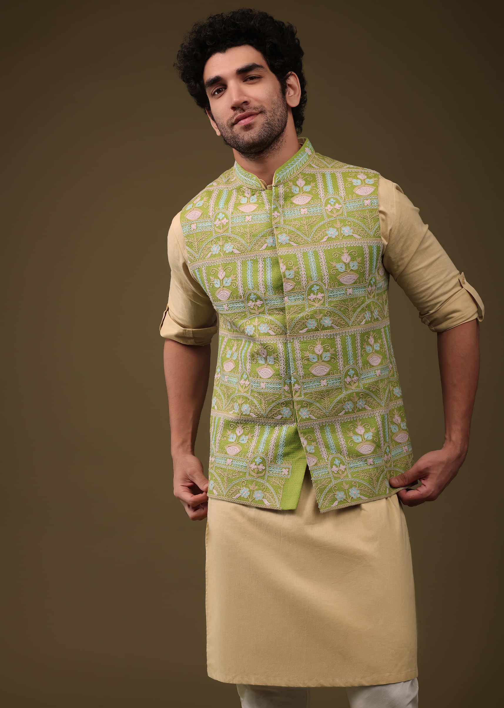 Pista Green Jacket Kurta Set In Art Silk With Threadwork