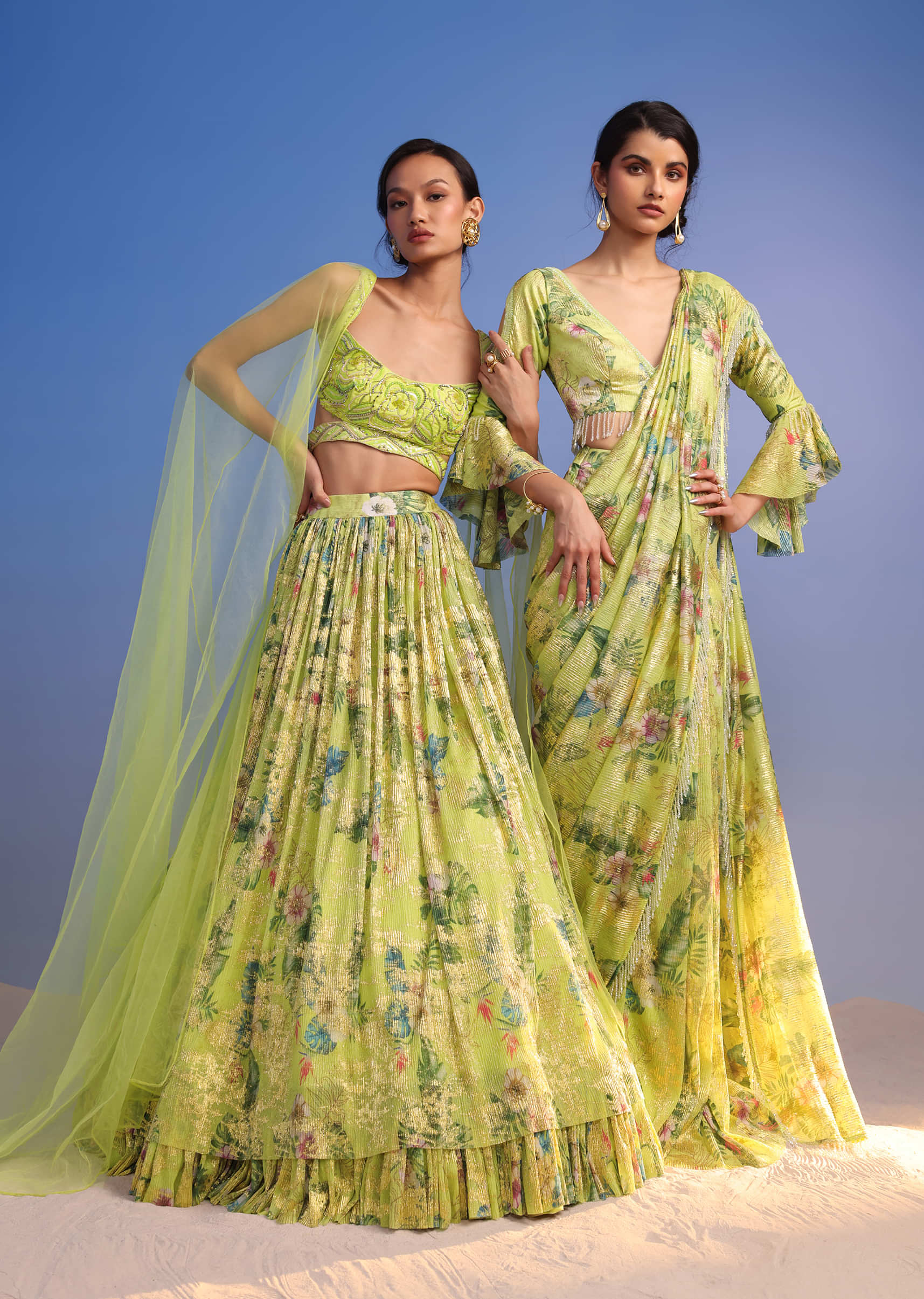 Pista Green Lehenga Set In Crush With Floral Print And Embroidered Blouse
