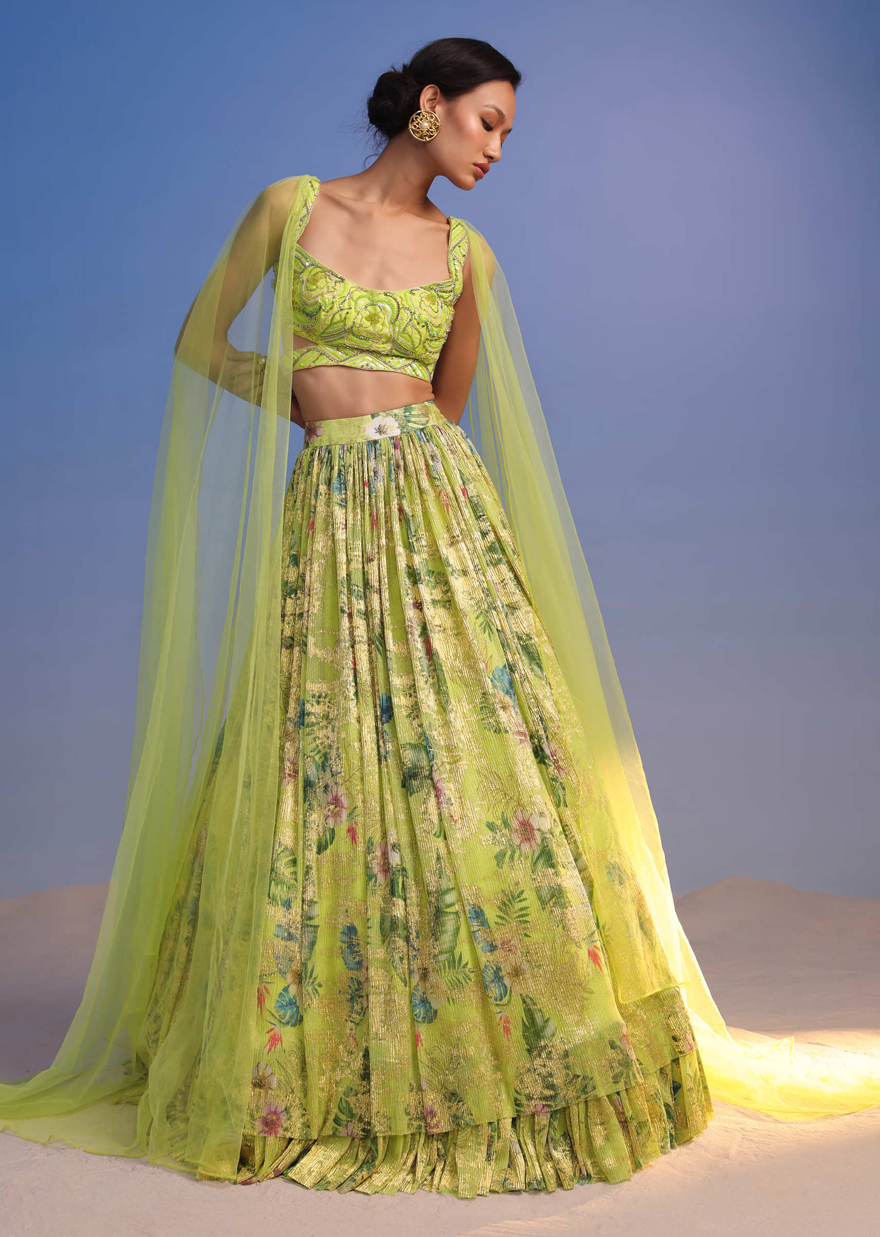 Pista Green Lehenga Set In Crush With Floral Print And Embroidered Blouse