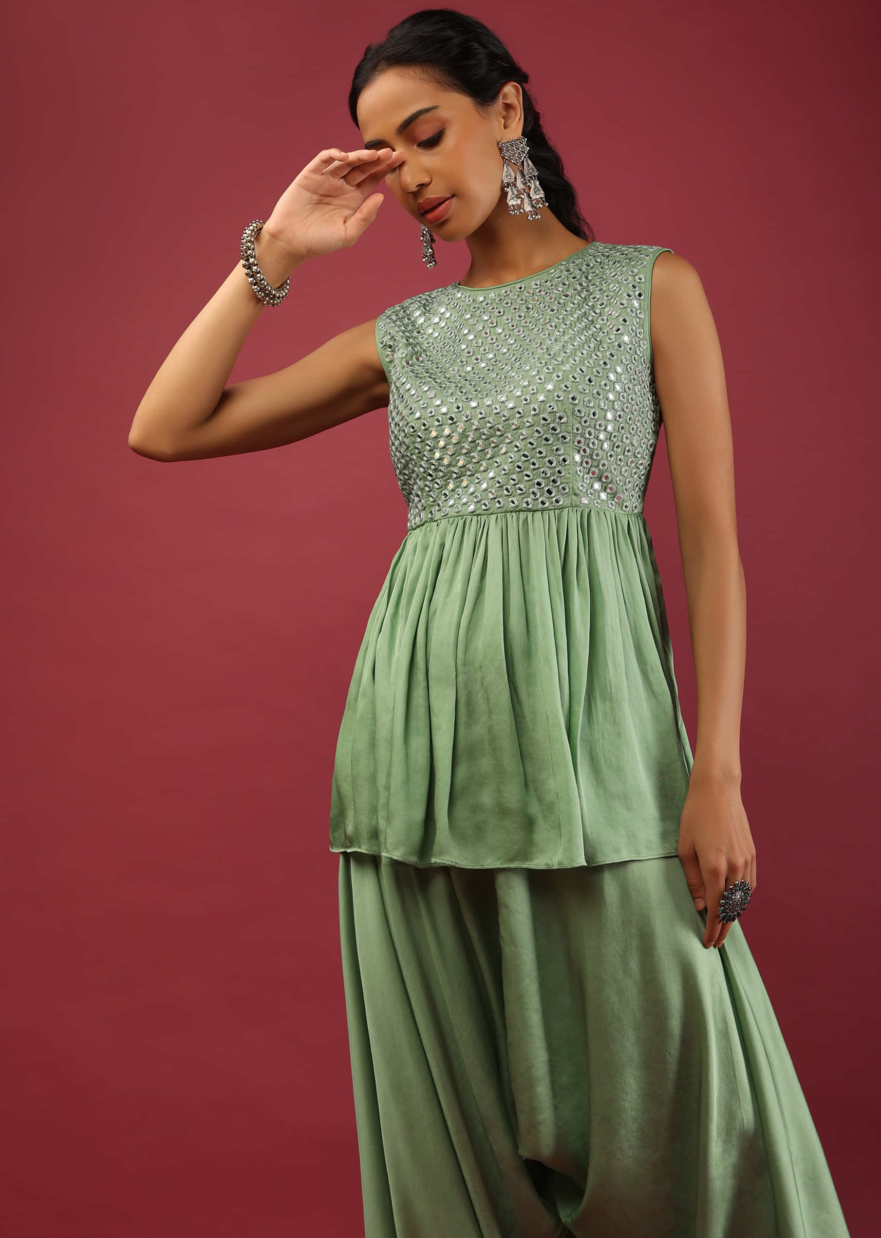 Pista Green Peplum Kurta And Cowl Dhoti Suit Set With Mirror Abla Embroidery  