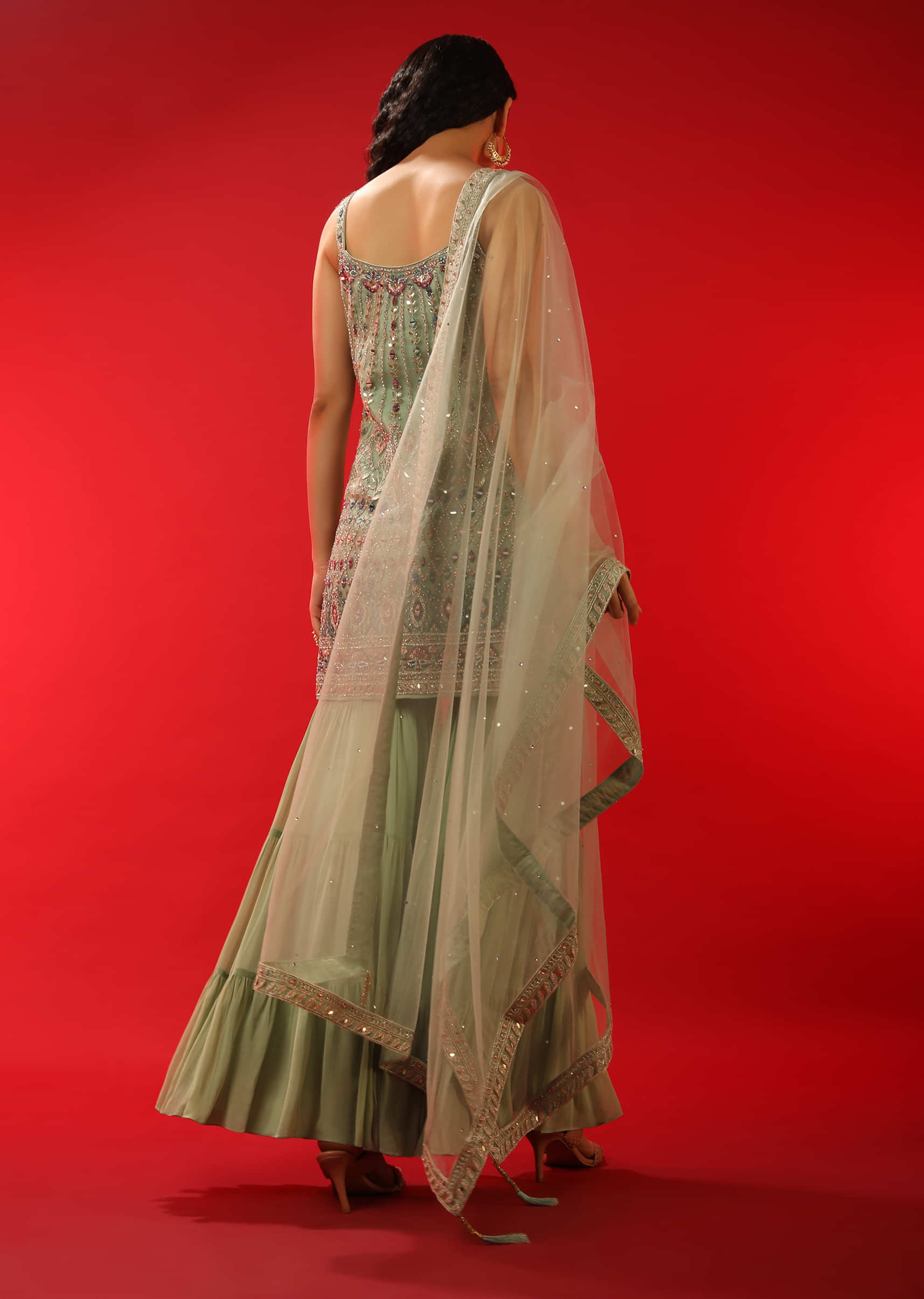 Pista Green Sharara Suit Multi Colored Resham And Mirror Abla Embroidery  