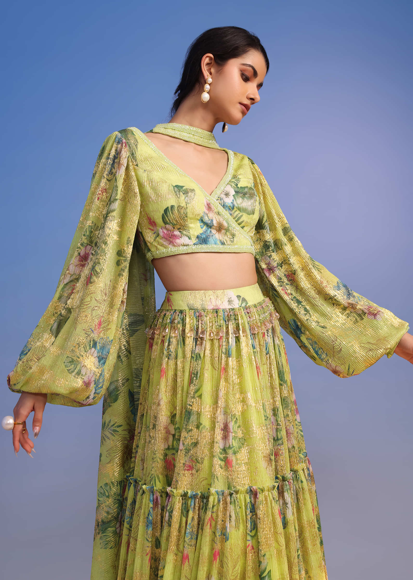 Pista Green Tiered Lehenga Set In Crush With Floral Print And Choker Dupatta