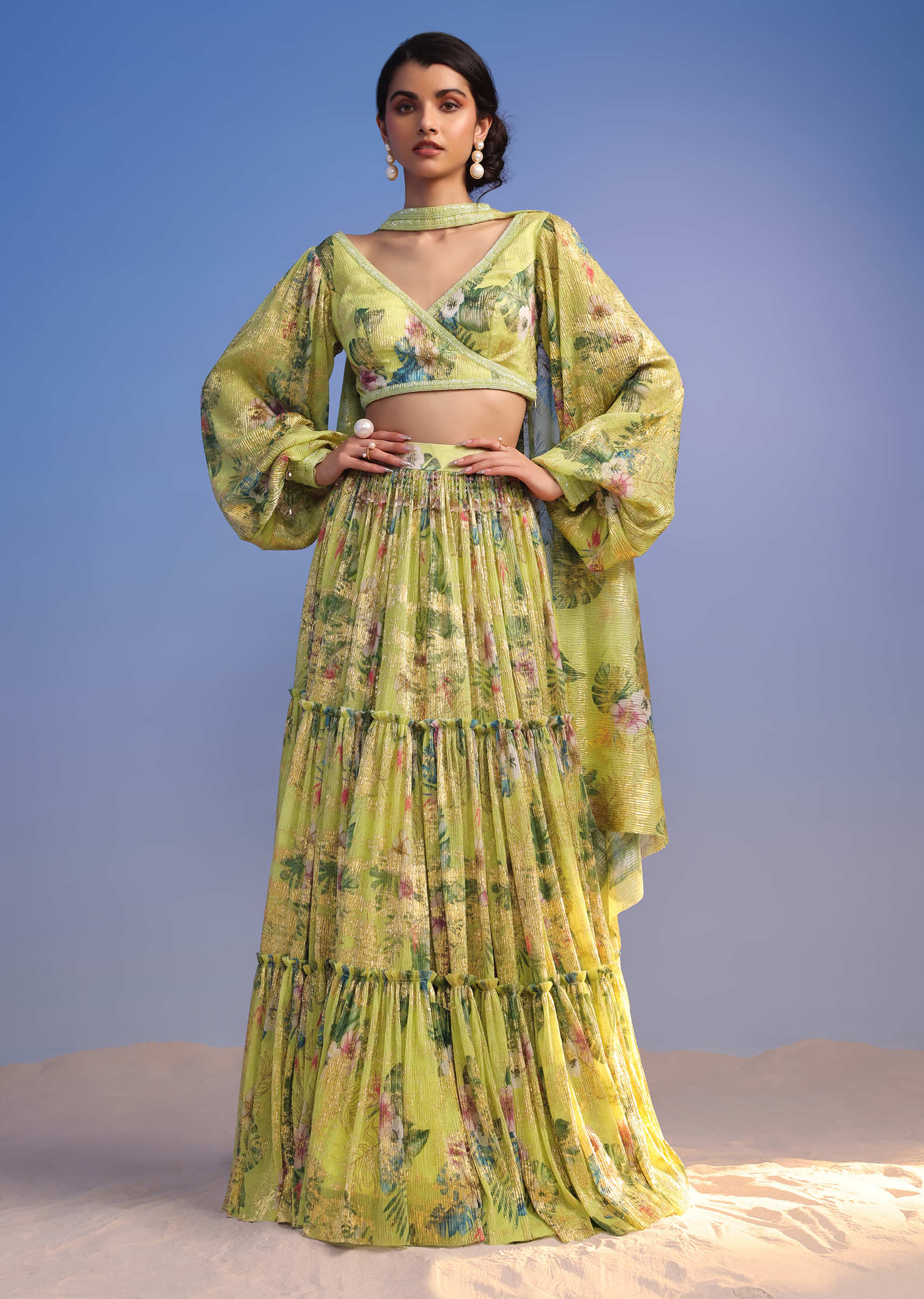 Pista Green Tiered Lehenga Set In Crush With Floral Print And Choker Dupatta