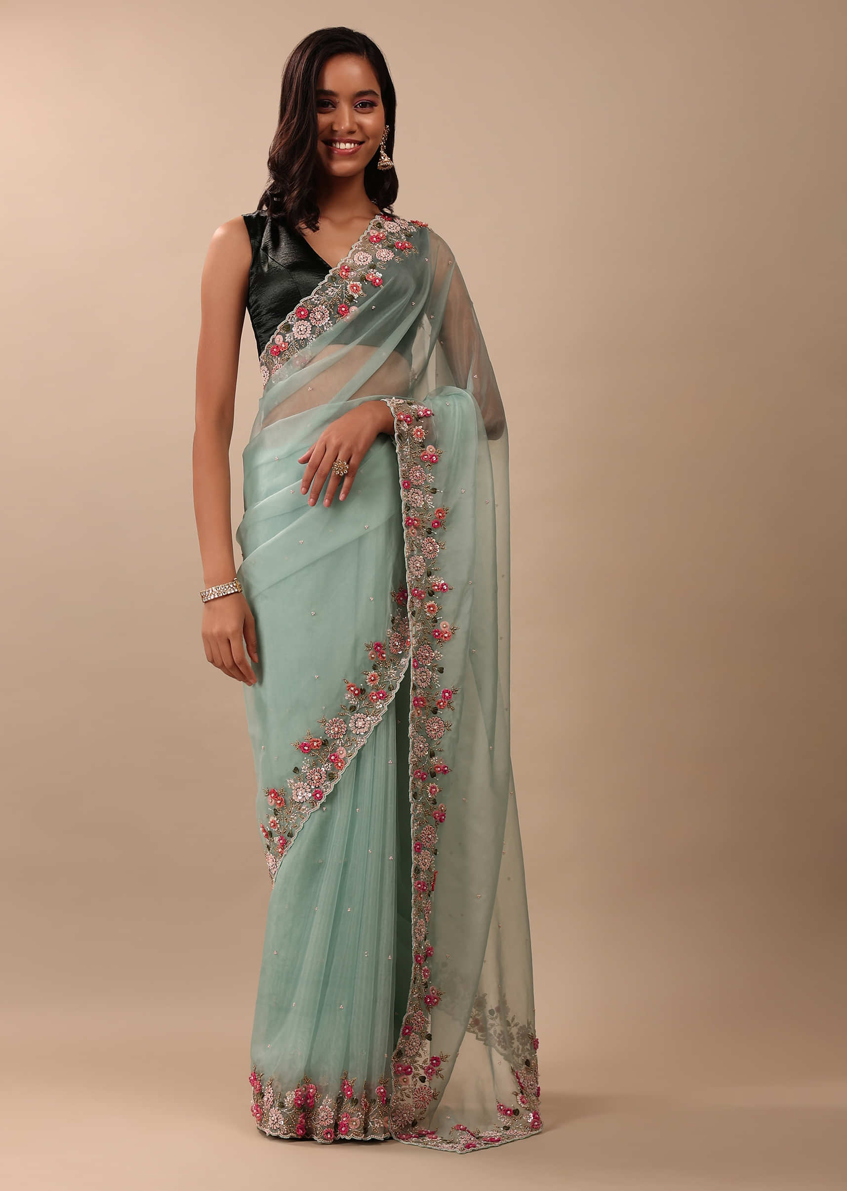 Aqua Blue Saree In Organza With 3D Floral Embroidery In Thread, Zardosi & French Knots