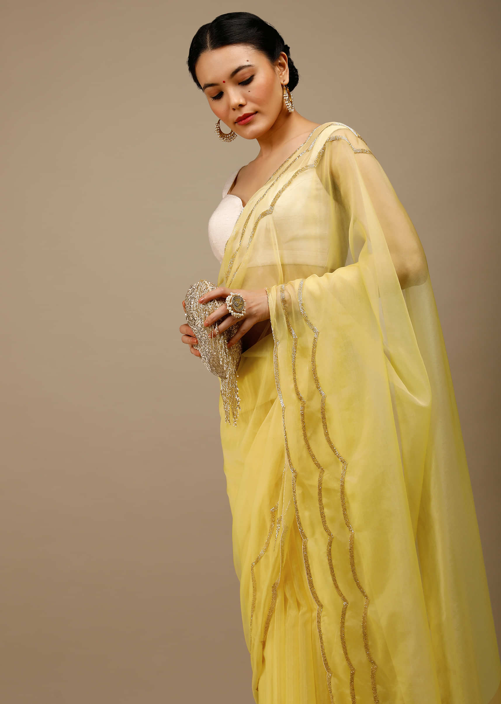 Popcorn Yellow Saree In Organza With Cut Dana Embroidered Scallop Cut Border And Moti Fringes On The Pallu  