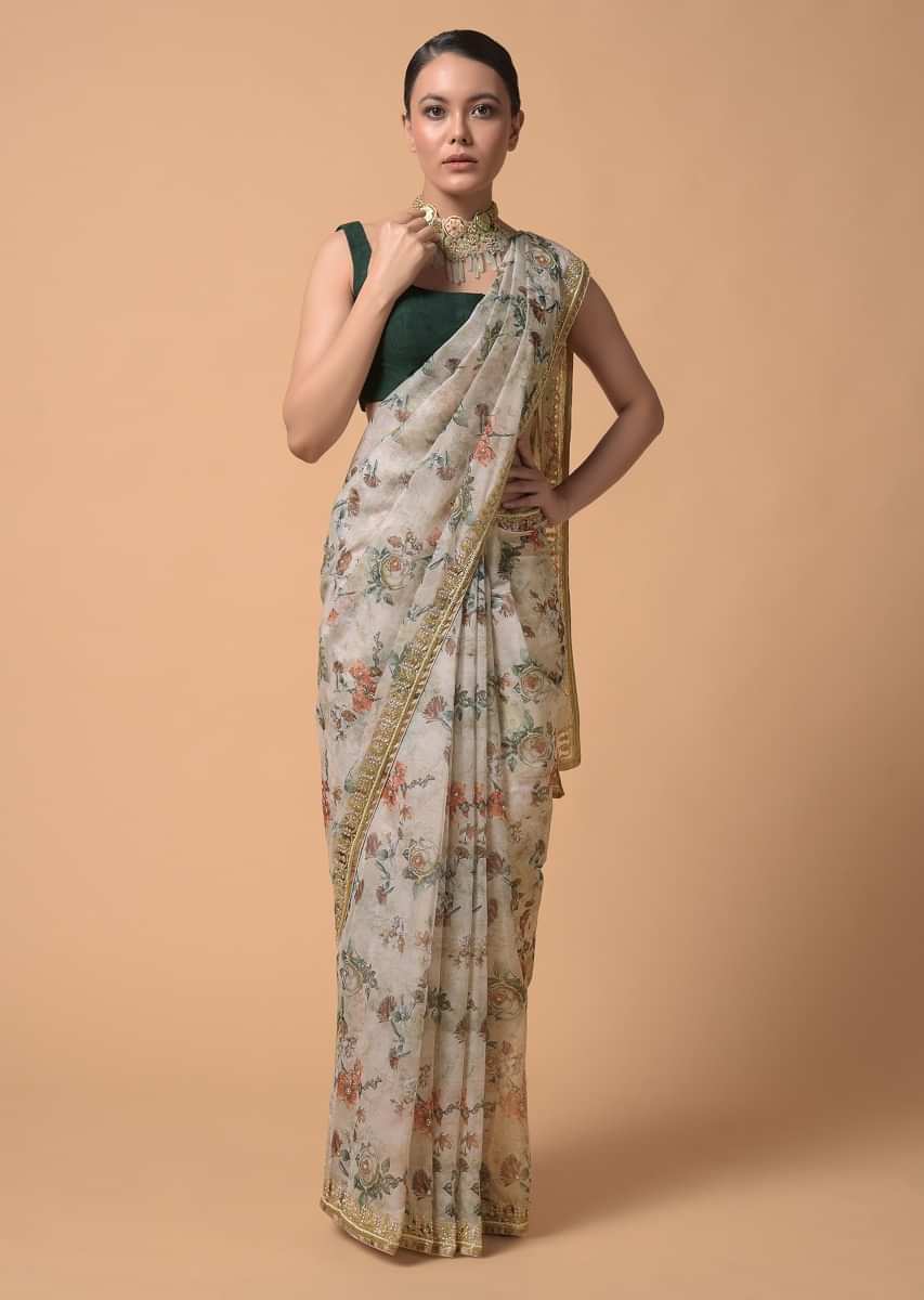 Powder Green Saree In Organza With Floral Print And Moti Accents