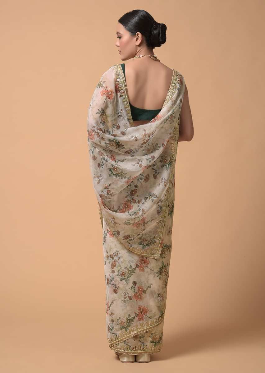 Powder Green Saree In Organza With Floral Print And Moti Accents