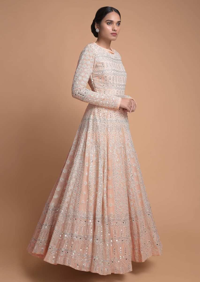 Powder Peach Anarkali Suit With Abla Work In Geometric And Floral Pattern Online - Kalki Fashion