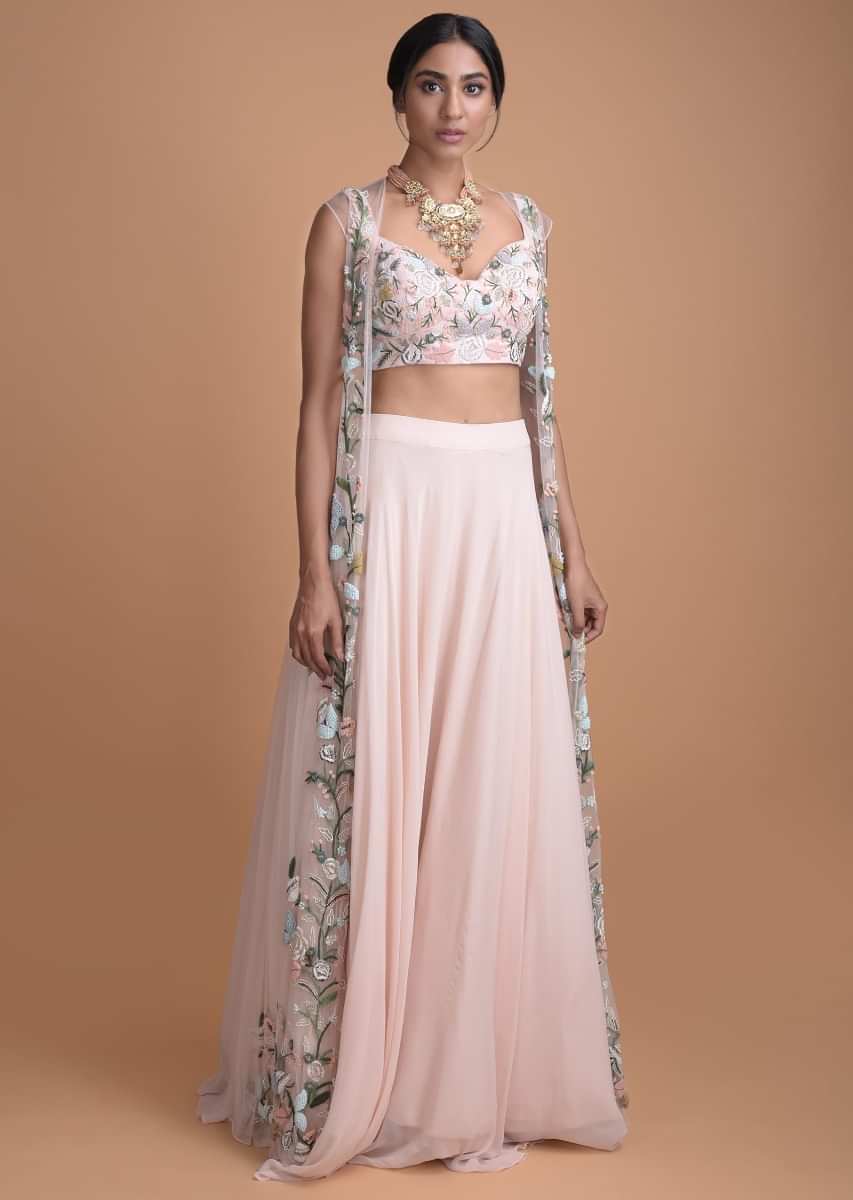 Powder Pink Flared Skirt With And Embroidered Crop Top And Jacket 