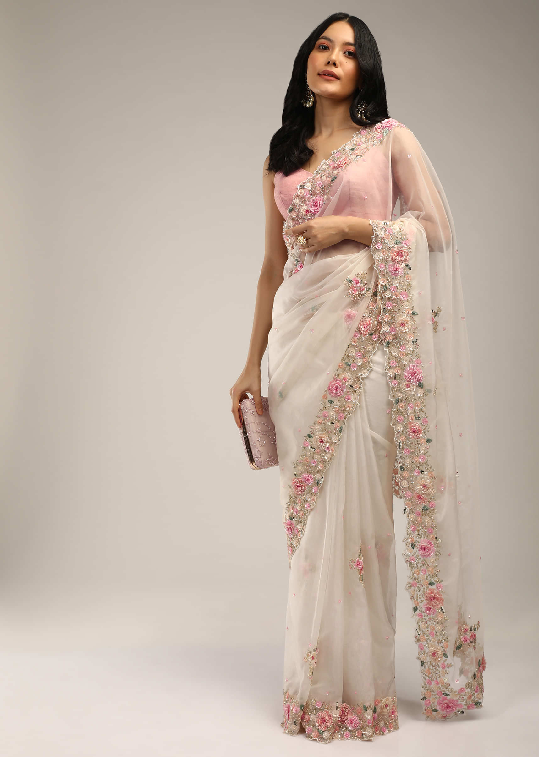 Powder White Saree In Organza With 3D Flower Embroidered Border And Buttis Featuring Multi Colored Moti And Sequins  