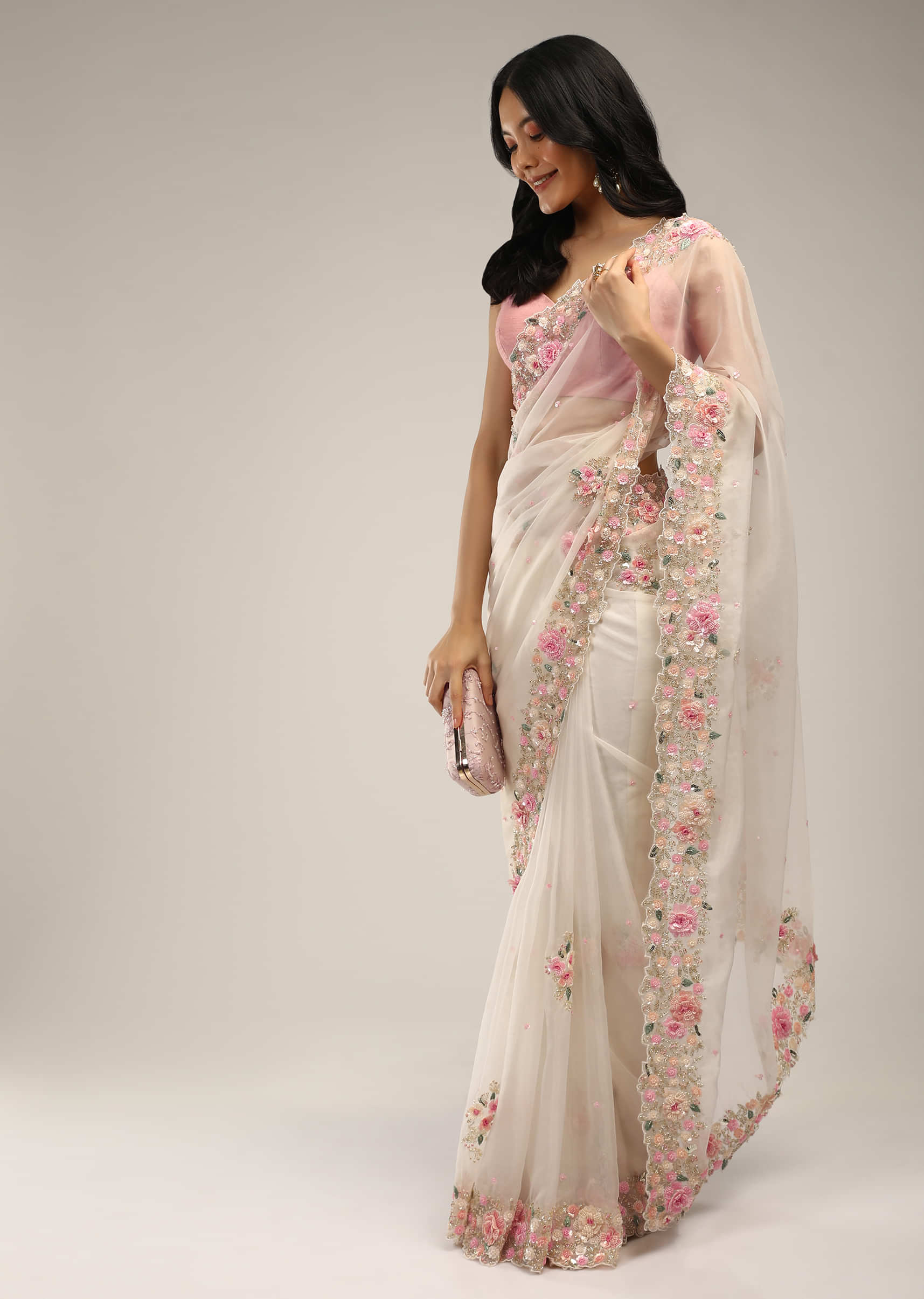 Powder White Saree In Organza With 3D Flower Embroidered Border And Buttis Featuring Multi Colored Moti And Sequins  