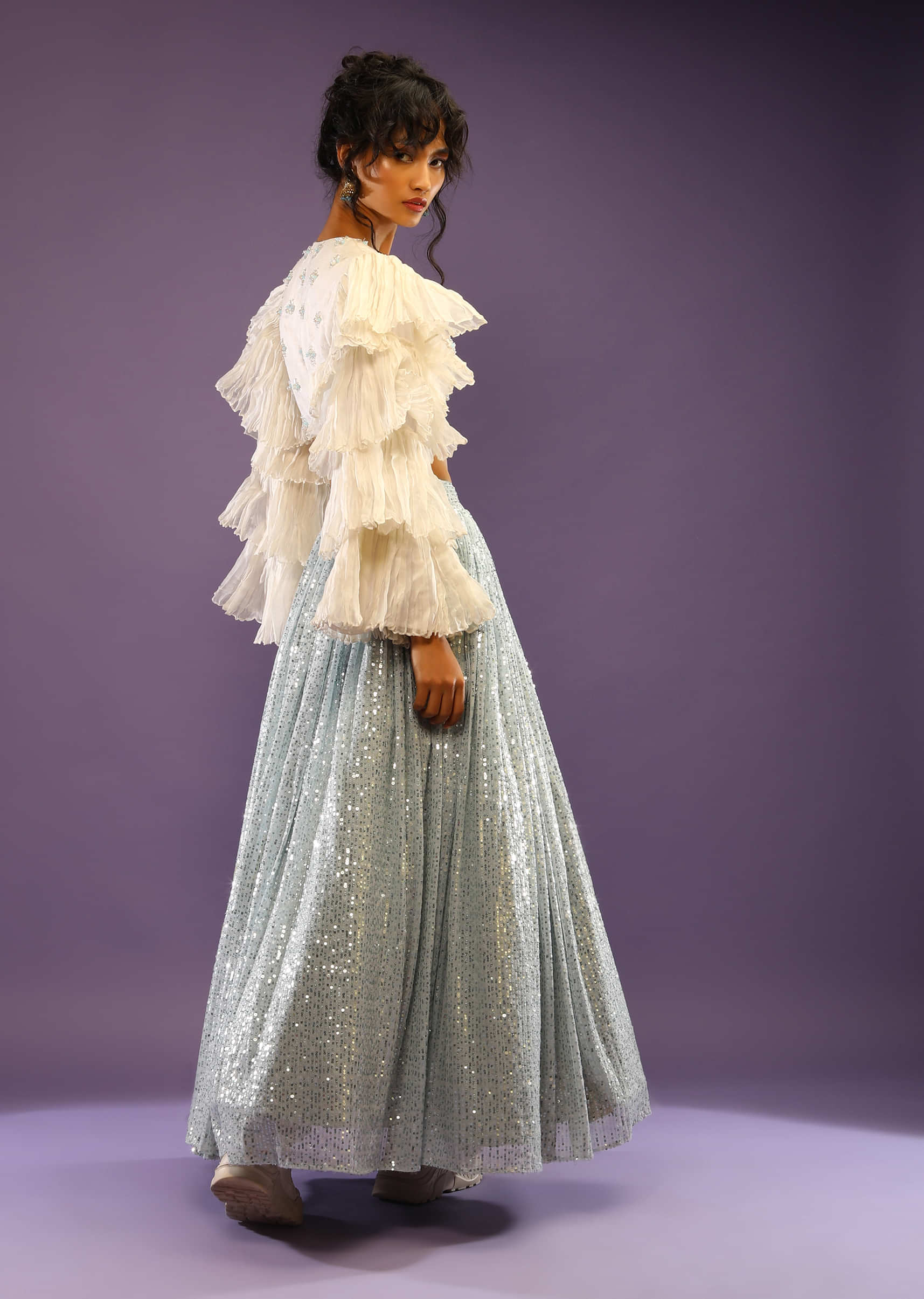 Powder Blue Sequin Skirt And White Crop Top With Fancy Layered Bell Sleeves And Plunging Neckline