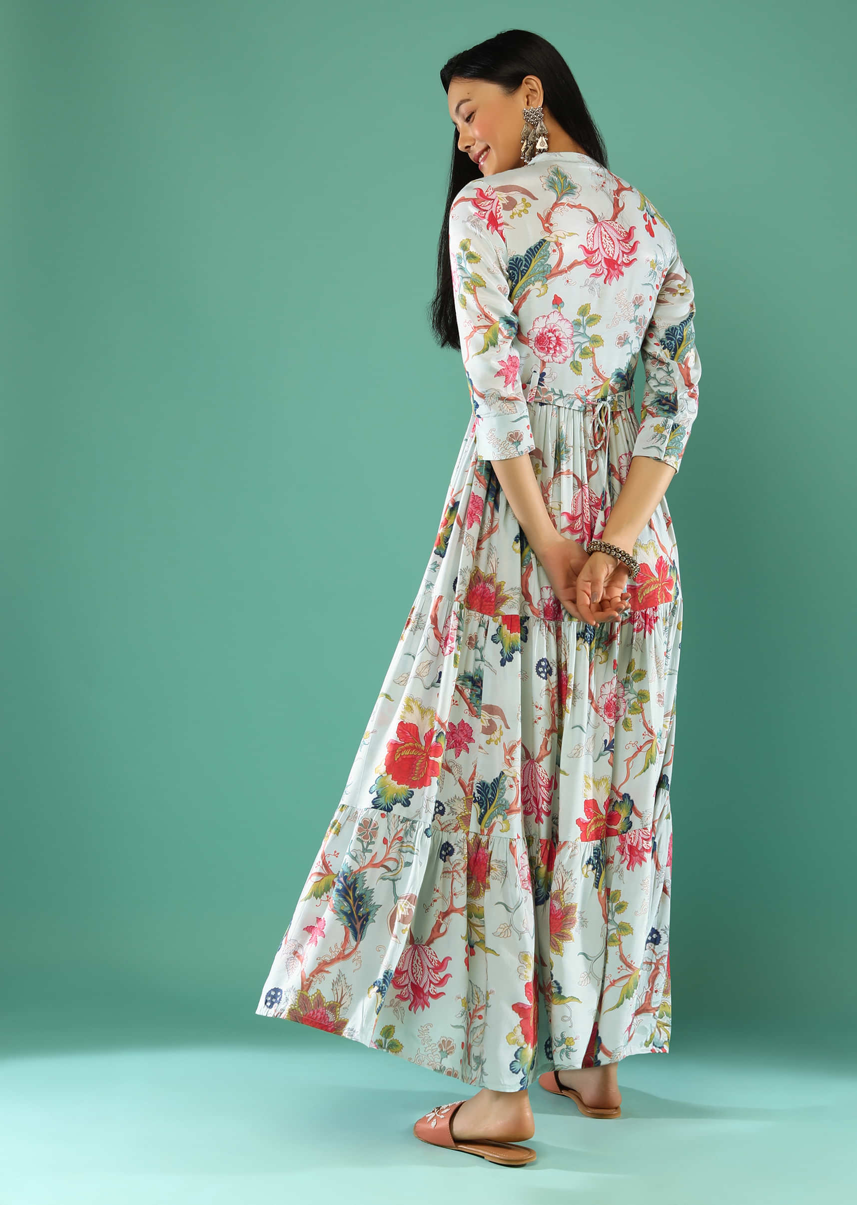 Frost White Tiered Dress With Floral Print And Mock Placket Online - Re By Kalki
