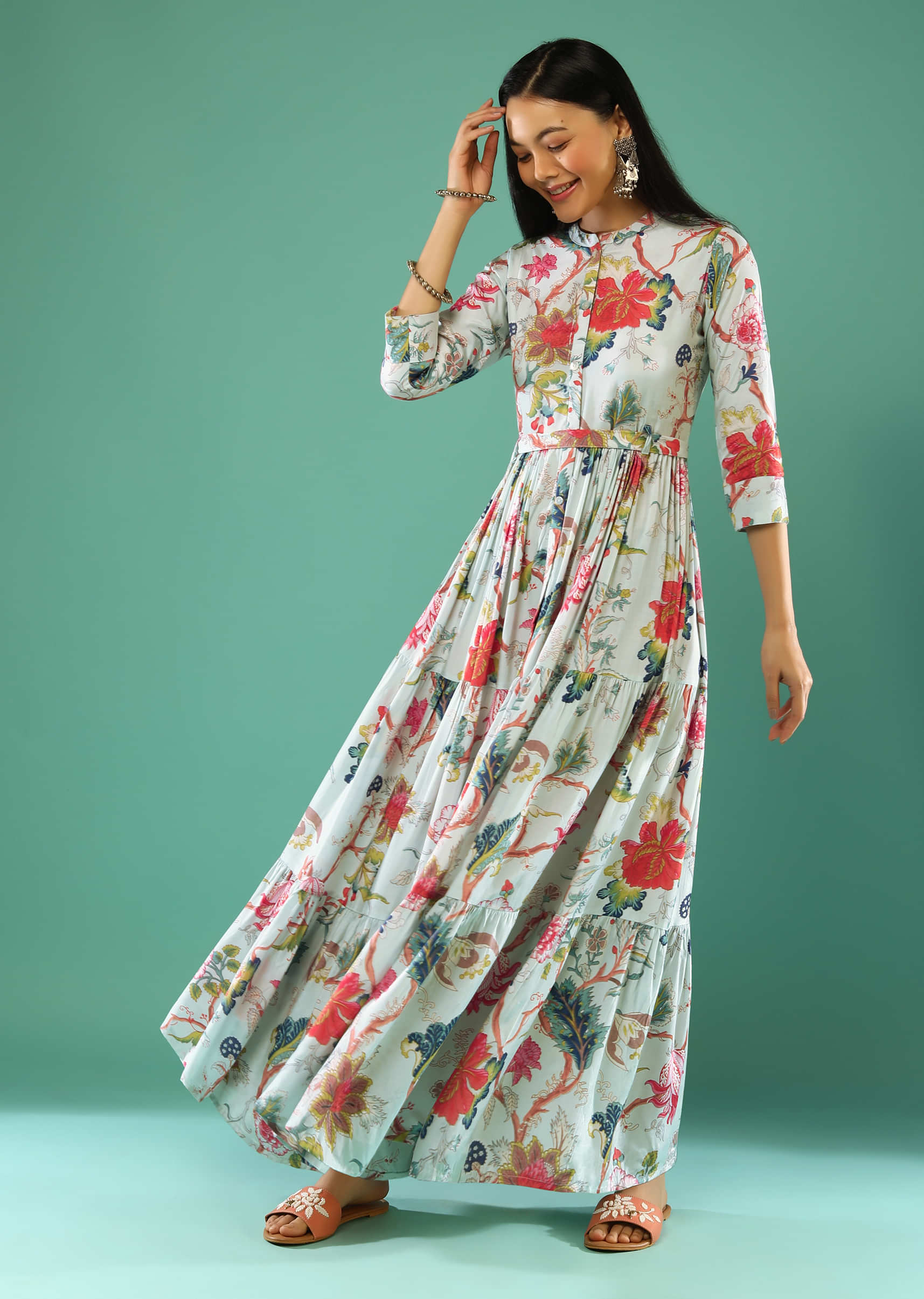 Frost White Tiered Dress With Floral Print And Mock Placket Online - Re By Kalki