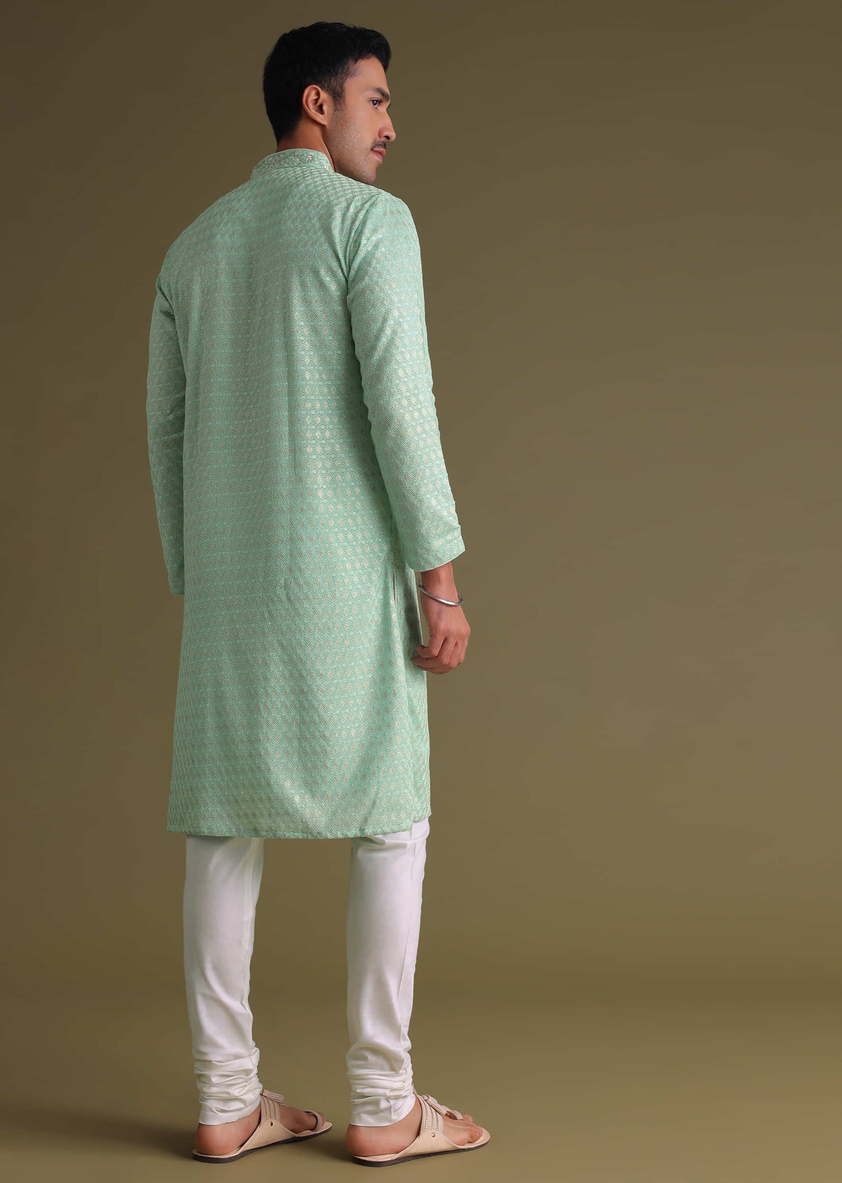 Powder Green Festive Textured Kurta Set In Silk With Sequin Embroidery