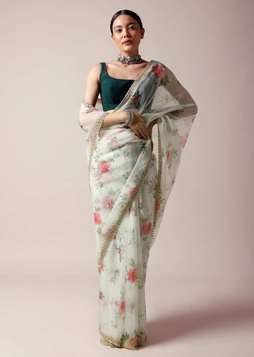 Off white Saree In Organza With Floral Print And Cut Dana Work Along With Unstitched Blouse  