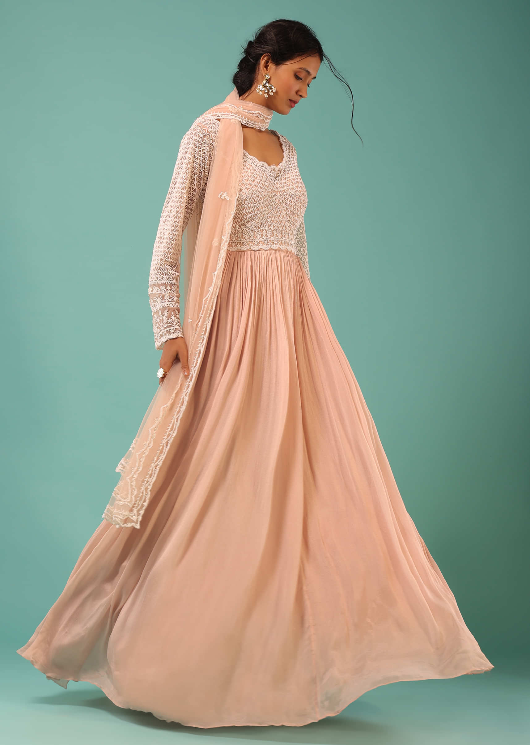 Powder Peach Anarkali Suit In Chiffon With Morroccon Moti Embroidery