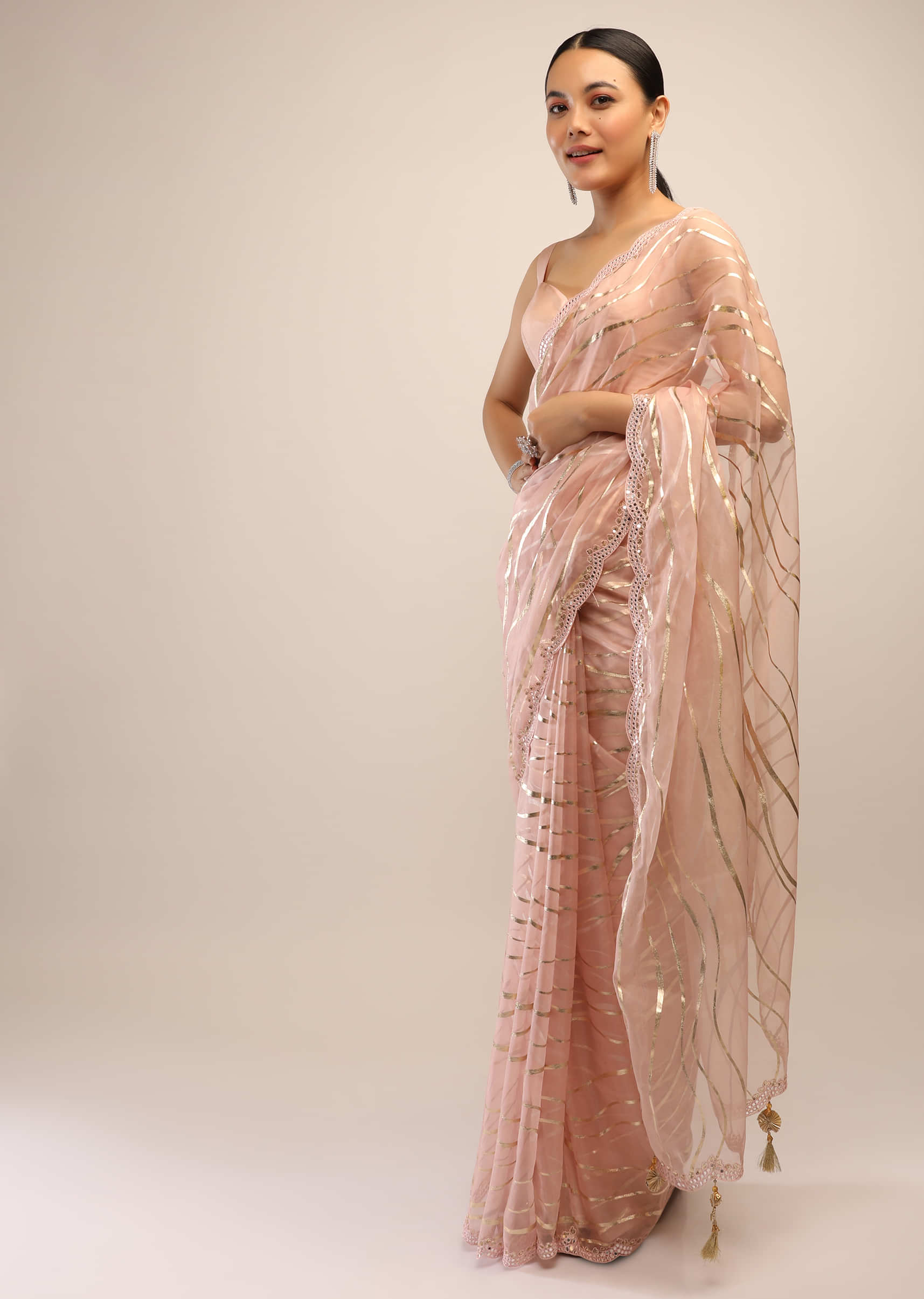 Powder Peach Saree In Organza With Foil Printed Scattered Dots And Mirror Embroidered Scallop Border