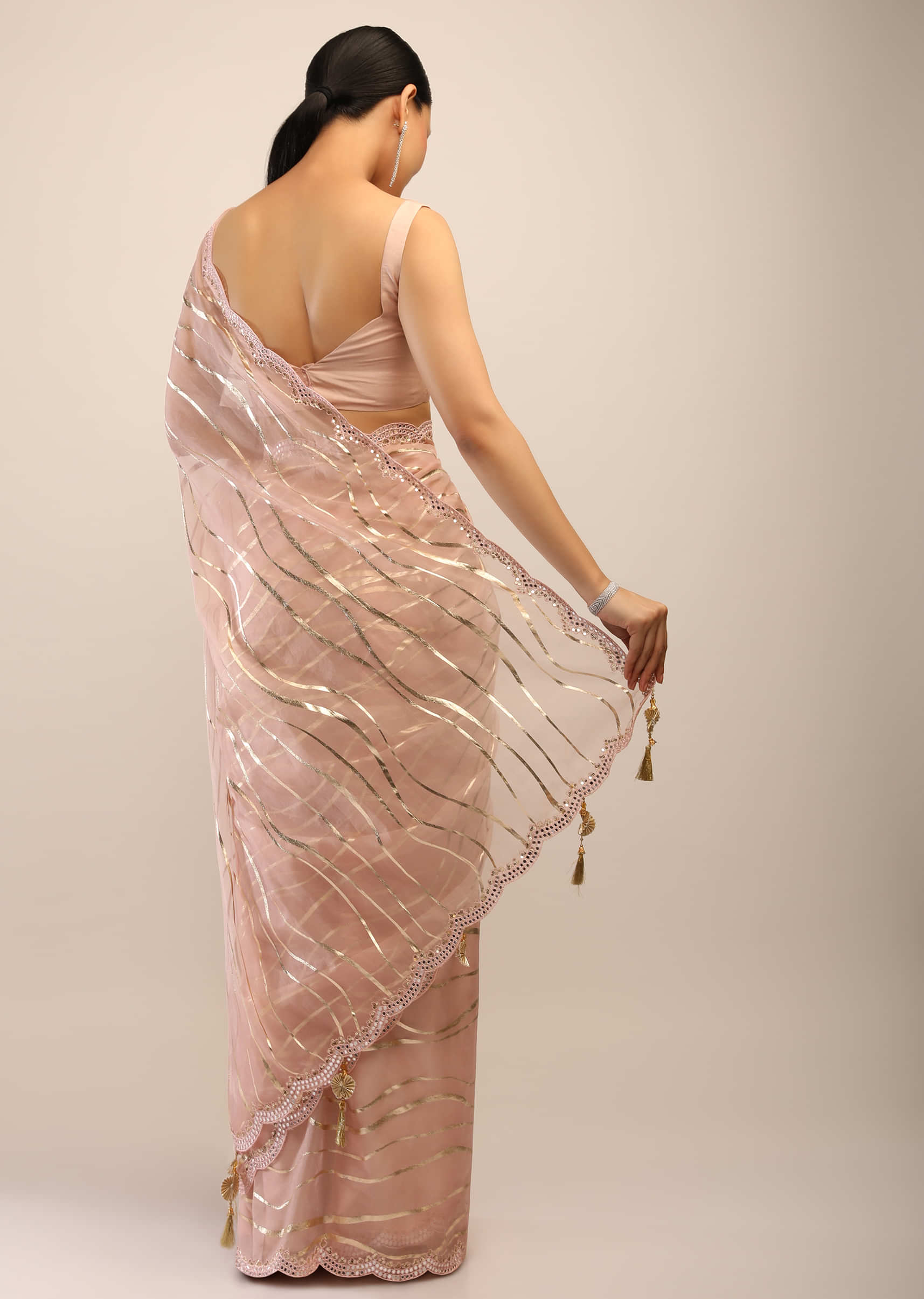 Powder Peach Saree In Organza With Foil Printed Scattered Dots And Mirror Embroidered Scallop Border