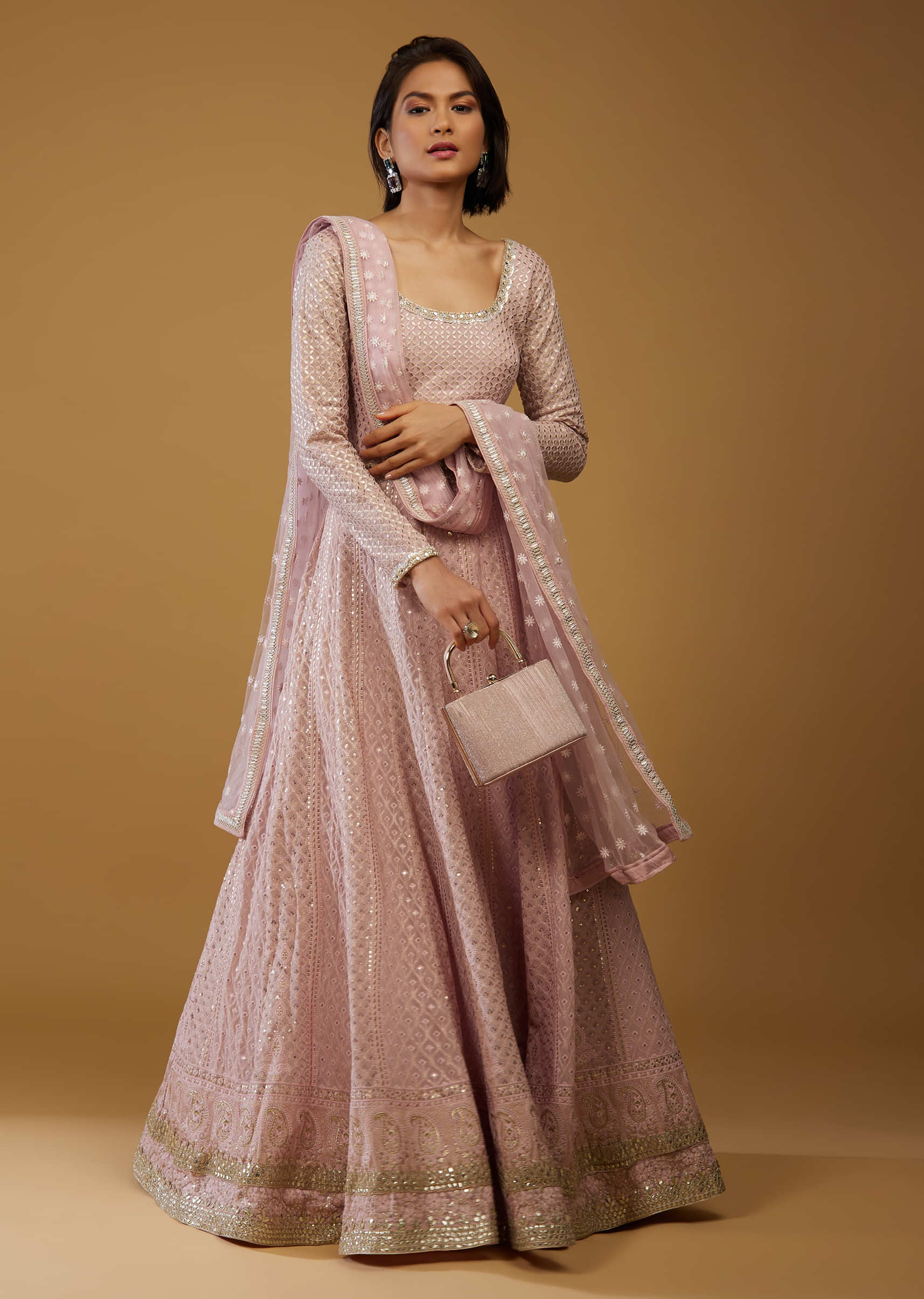 Powder Pink Anarkali Suit In Georgette With Embroidery