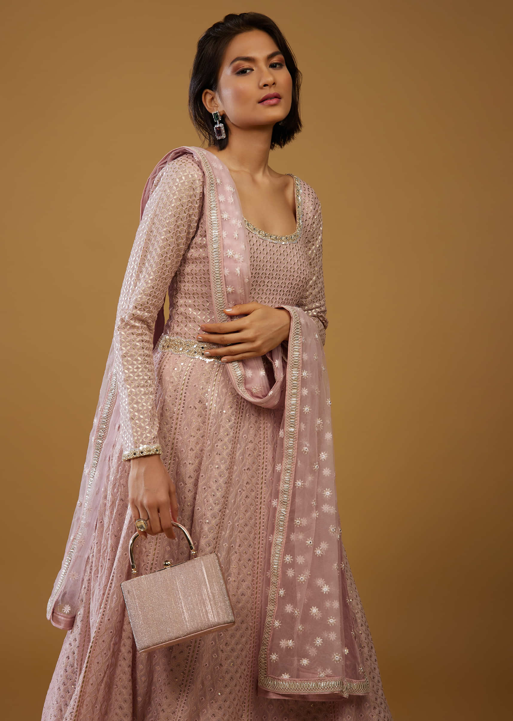 Powder Pink Anarkali Suit In Georgette With Embroidery