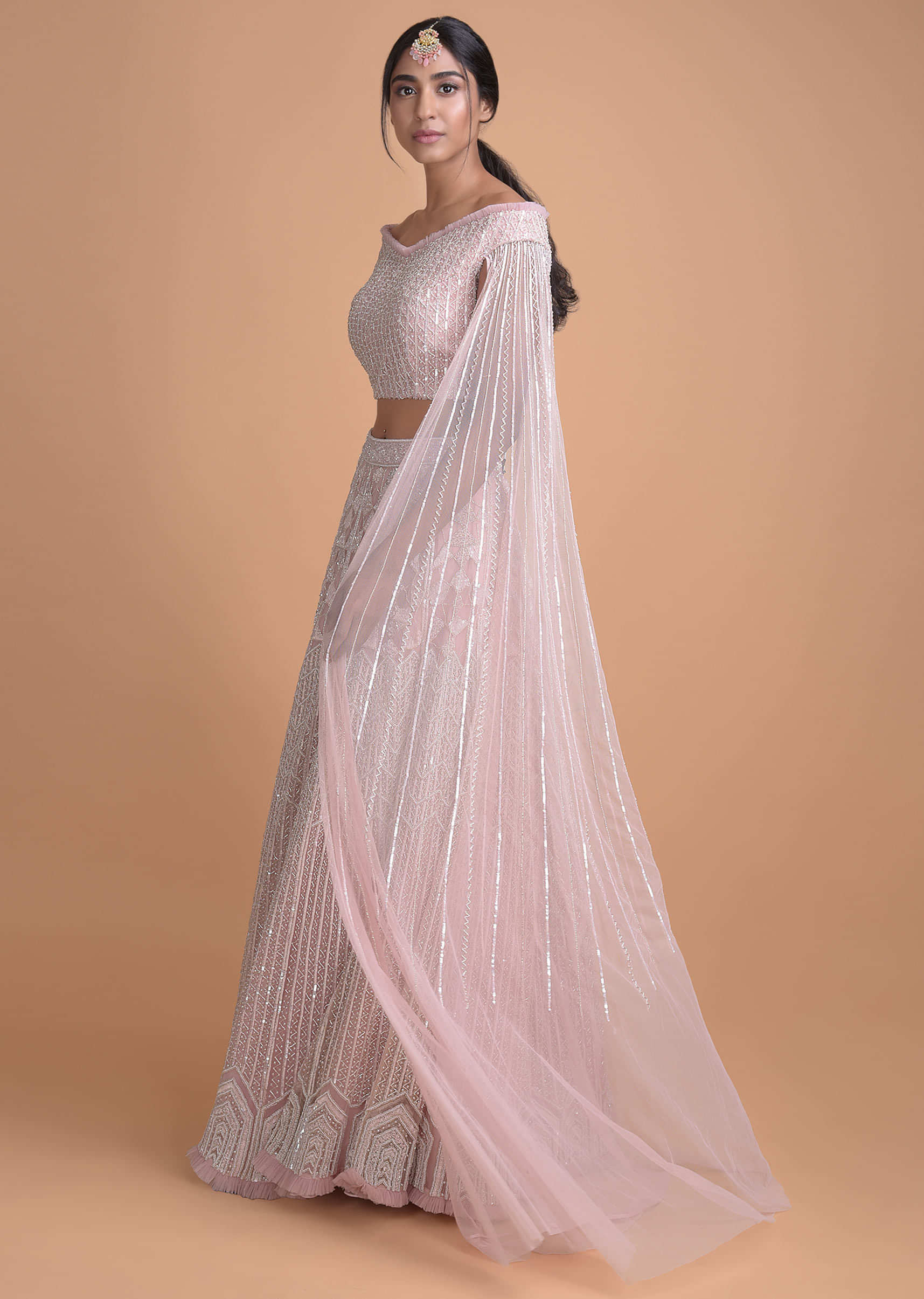 Powder Pink Hand Embroidered Lehenga And Off Shoulder Crop Top With Attached Dupatta 