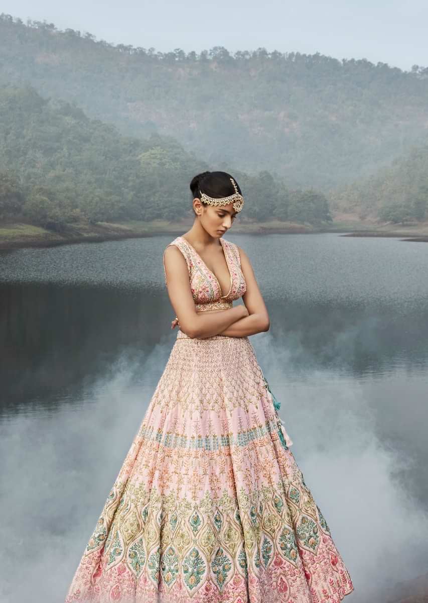 Powder Pink Lehenga Choli With Multicolor Hand Embossed Embroidery Detailing In Floral And Moroccan Motifs 