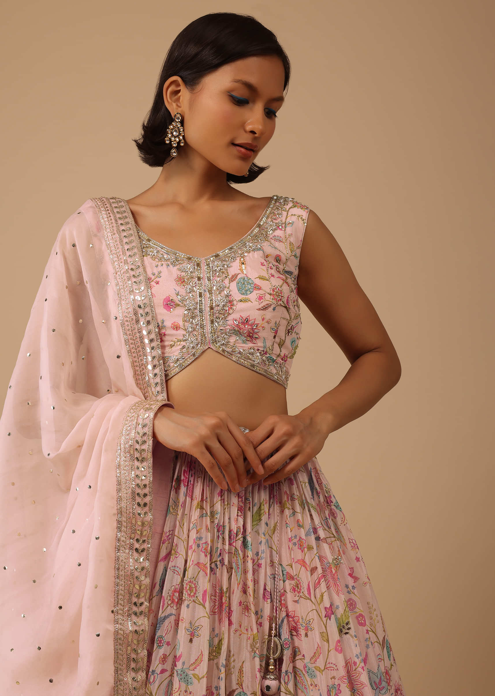Powder Pink Lehenga Set In Chinon With Floral Print And Gota Work On The Hem