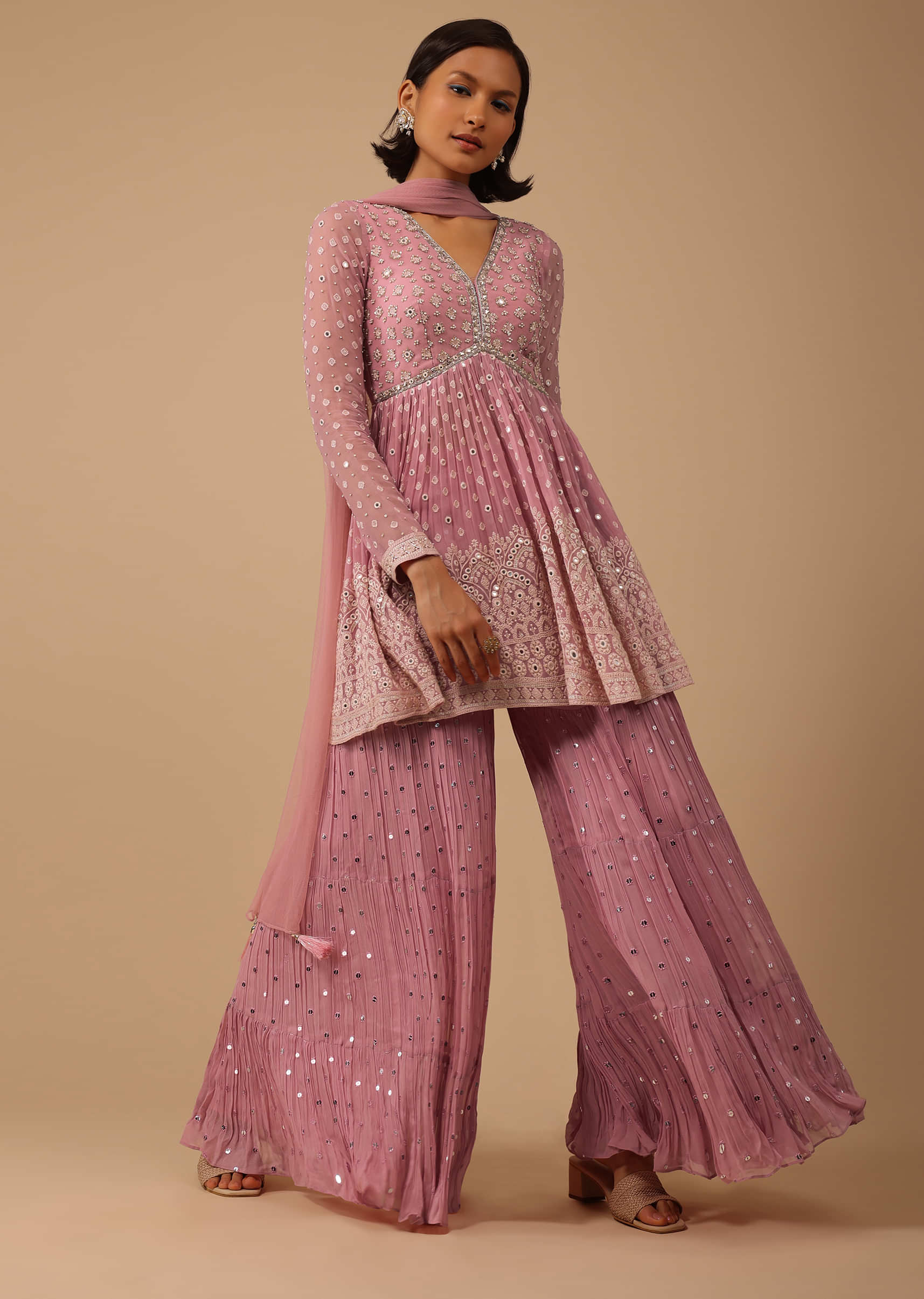 Powder Pink Sharara Suit Set In Georgette With Lucknowi Embroidery