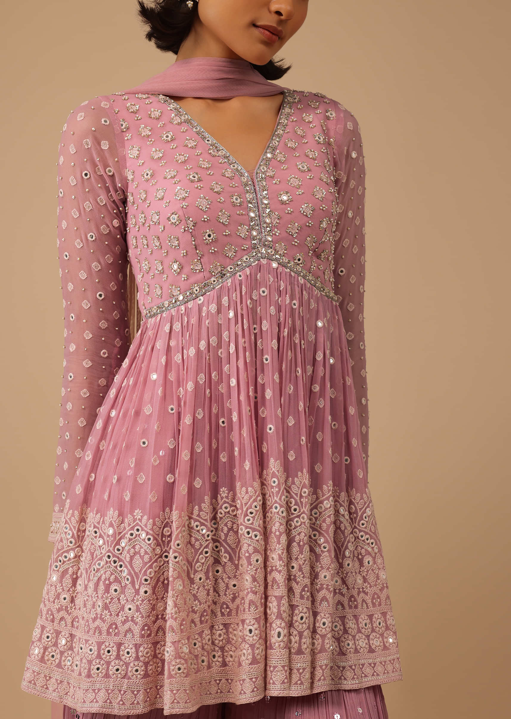 Powder Pink Sharara Suit Set In Georgette With Lucknowi Embroidery