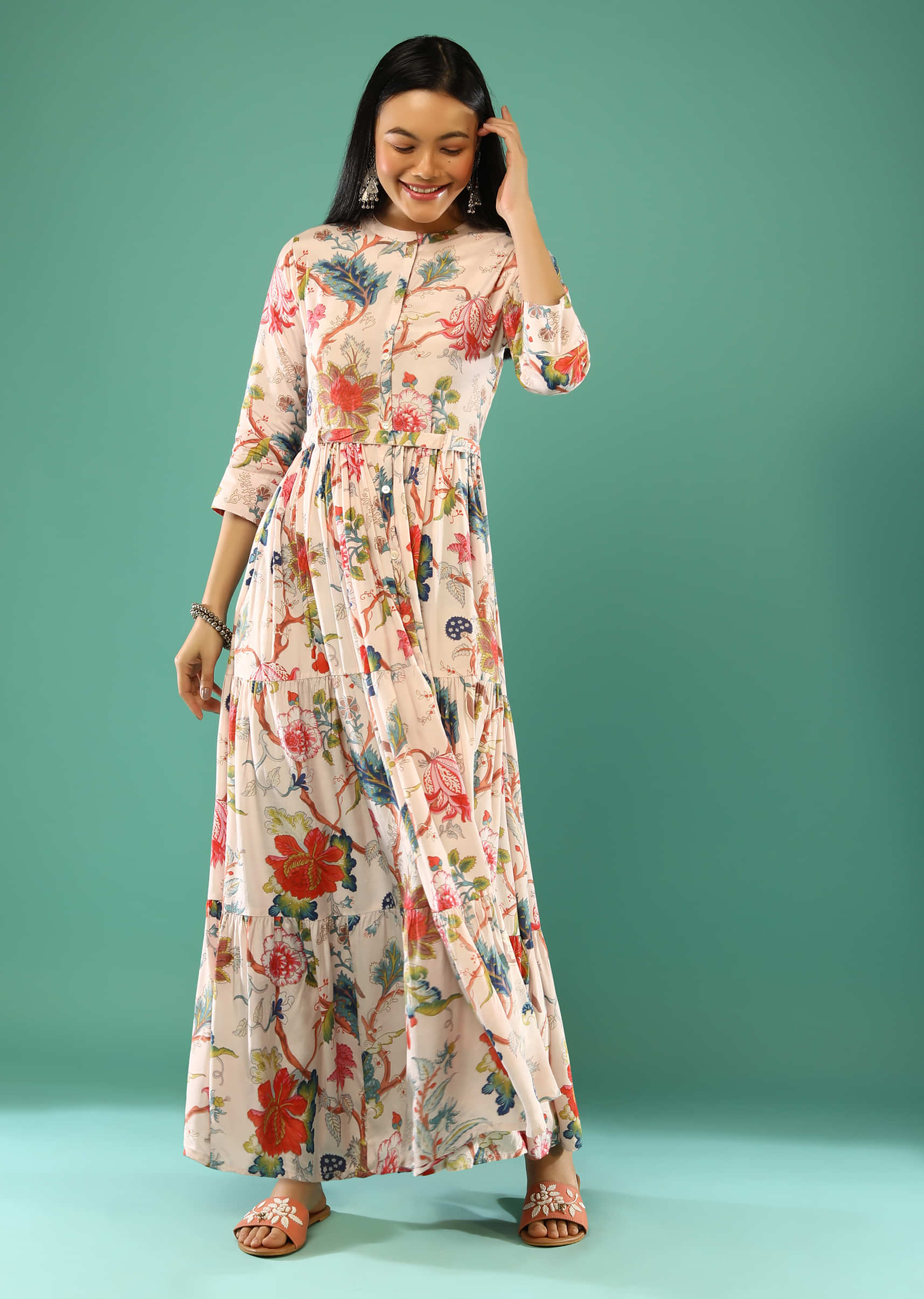 Powder Pink Tiered Dress With Floral Print And Mock Placket  Online - Re By Kalki