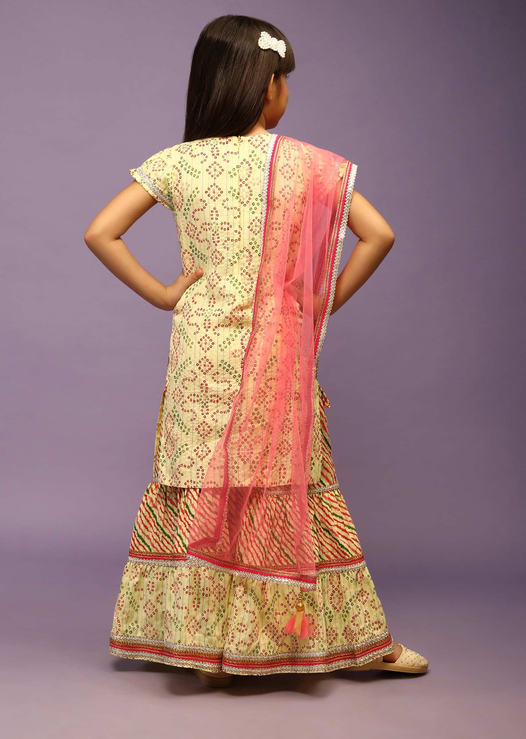 Kalki Girls Powder Yellow Sharara Suit In Cotton With Bandhani Print  