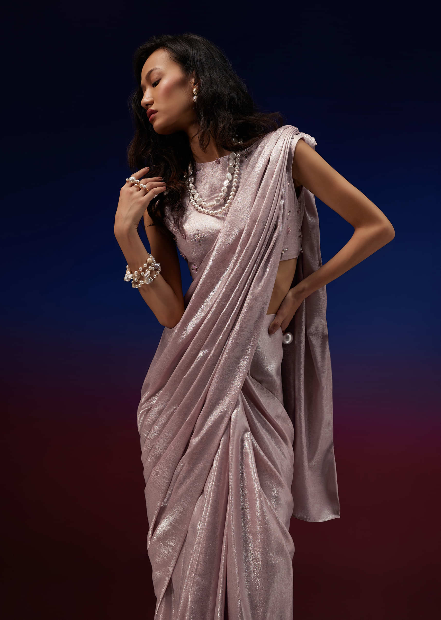 Power Pink Silver Ready To Wear Saree In Foil With Cut Dana And Beadwork