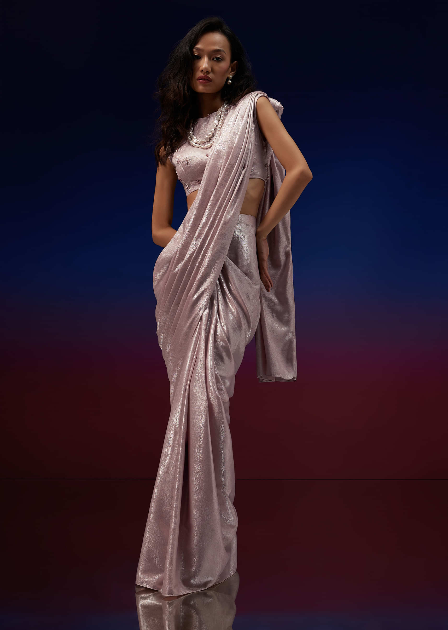 Power Pink Silver Ready To Wear Saree In Foil With Cut Dana And Beadwork