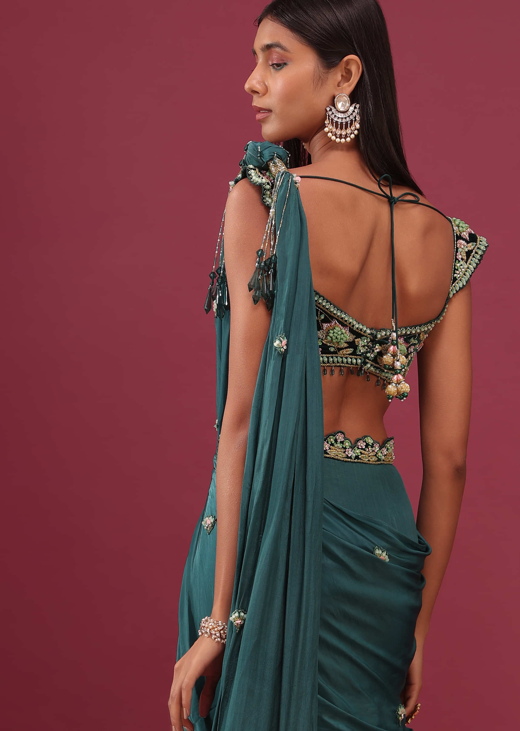 Emerald Green Pre-Pleated Saree With Floral Buttis And Embroidered Blouse - NOOR 2022