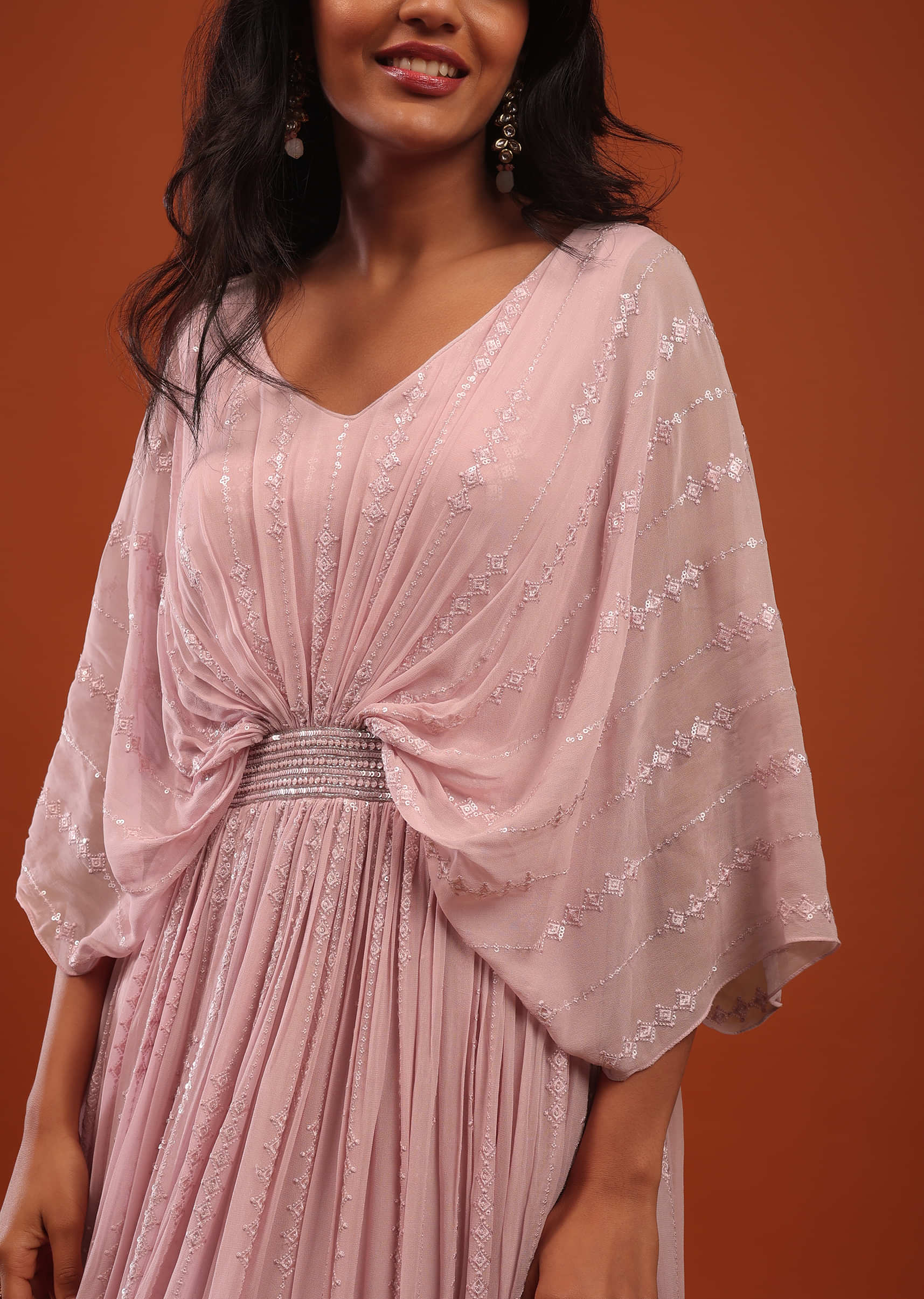 Primerose Pink Thread And Sequins Embroidered Georgette Kaftan Gown
