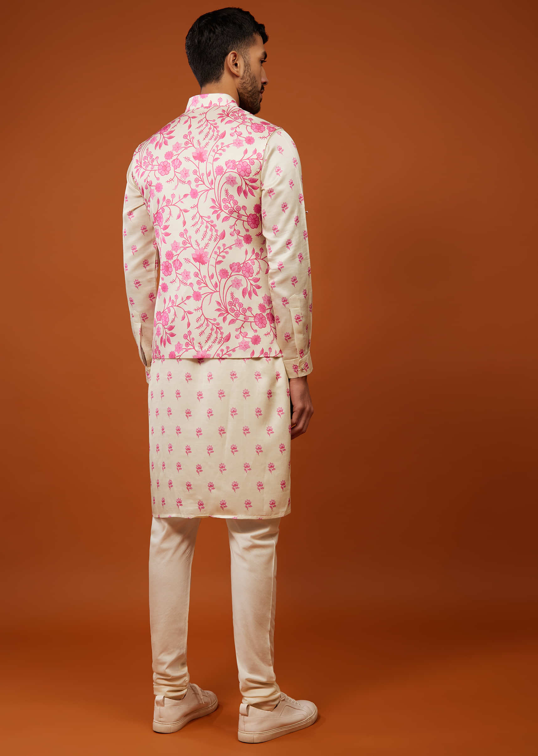 Pearl White Bandi Jacket Set With Pink Floral Print In Cotton Silk 

