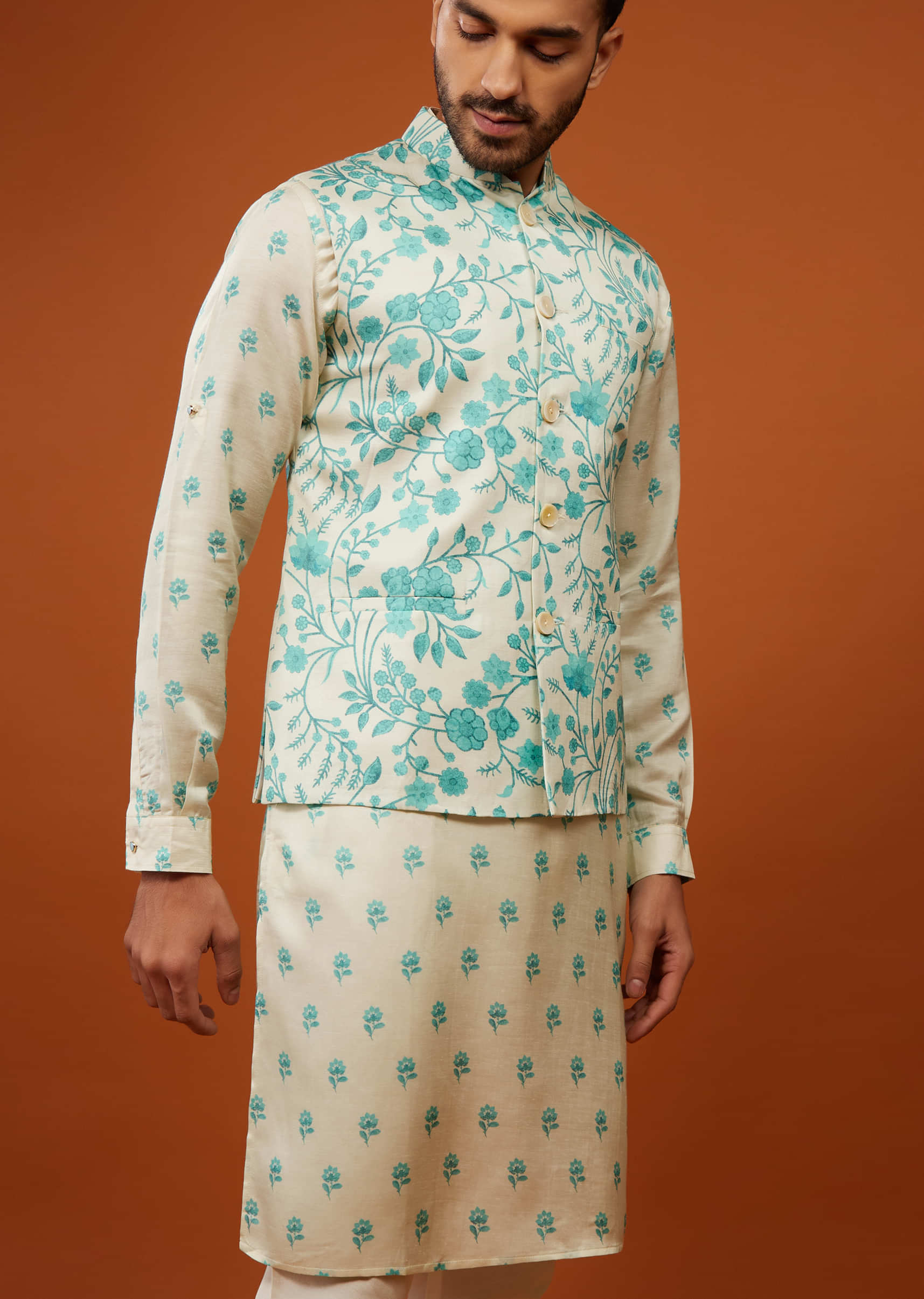 Beige White Bandi Jacket Set With Blue Floral Print In Cotton Silk
