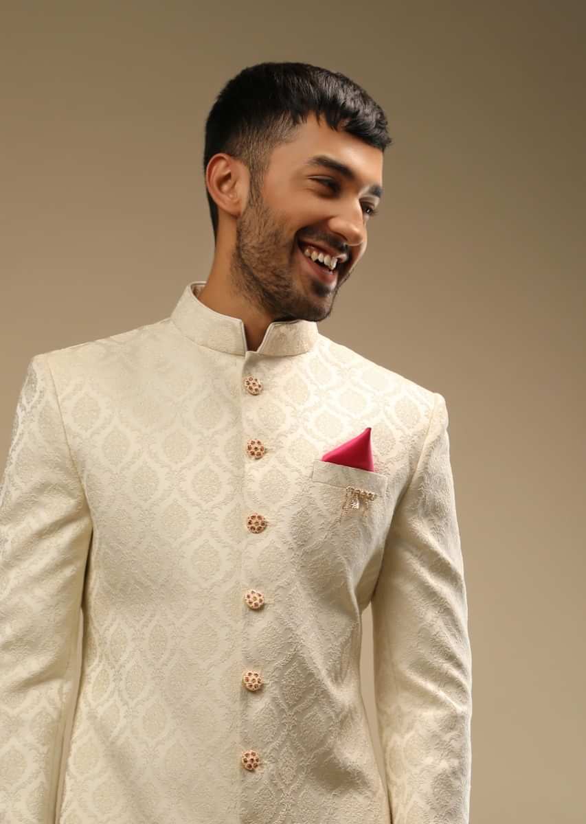 Pristine White Sherwani Set In Silk With Self Thread Embroidered Moroccan Jaal And Contrasting Pink Pocket Square  
