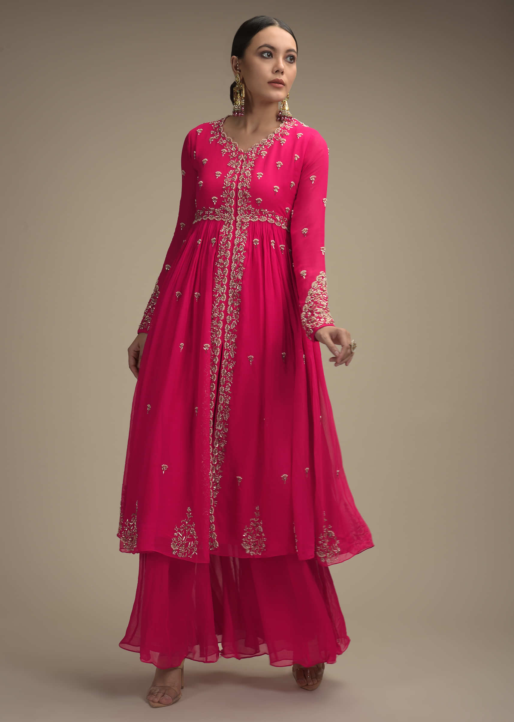 Hot Pink Palazzo Suit In Georgette With Cut Dana And Moti Embroidered Floral Buttis  