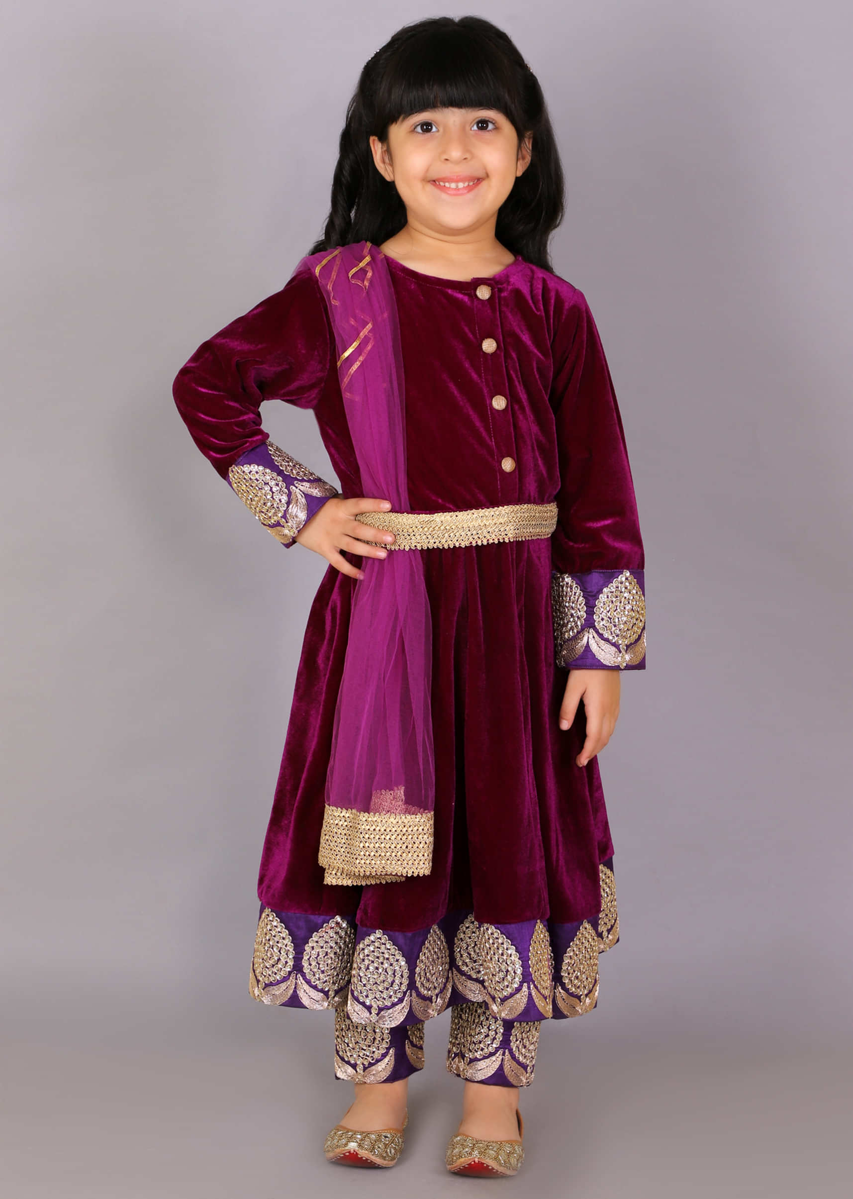 Kalki Girls Purple Anarkali Suit In Velvet With Antique Lace At The Waist And Embroidered Border