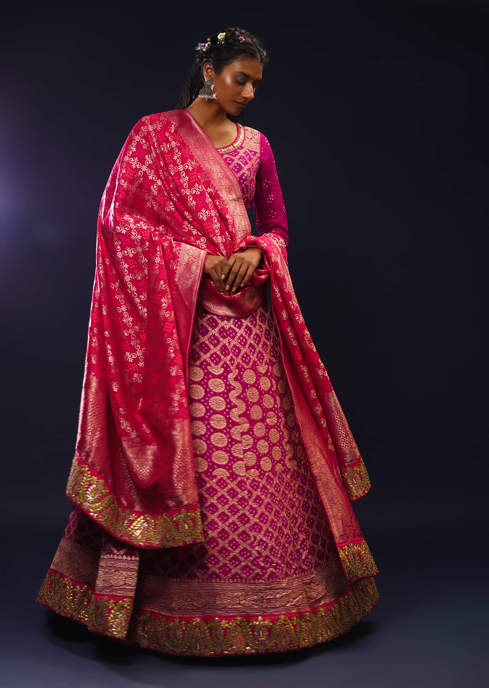 Purple And Magenta Ombre Anarkali Suit In Georgette With Bandhani And Brocade Jaal