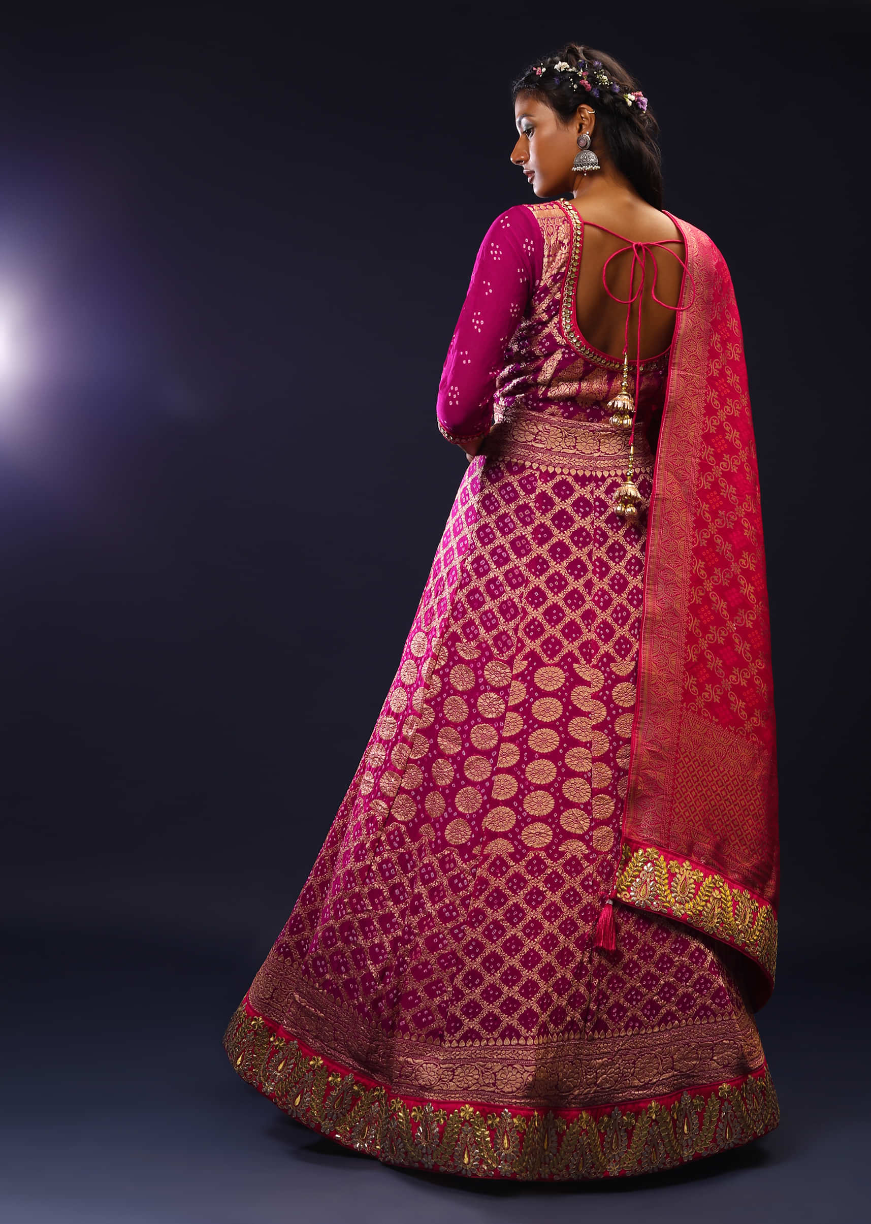 Purple And Magenta Ombre Anarkali Suit In Georgette With Bandhani And Brocade Jaal