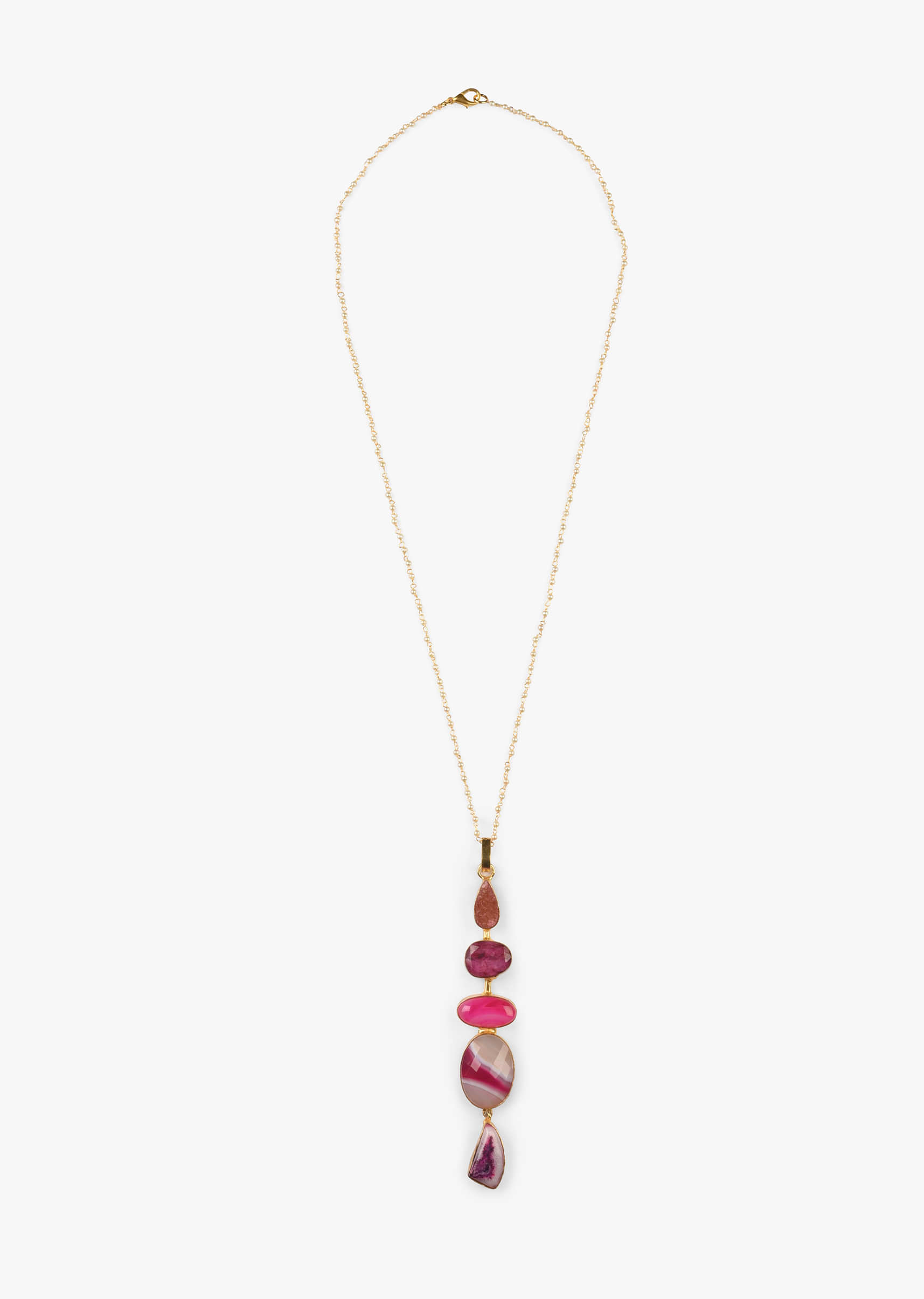 Purple And Pink Semi Precious Stone Studded Pendant And Gold Plated Chain 