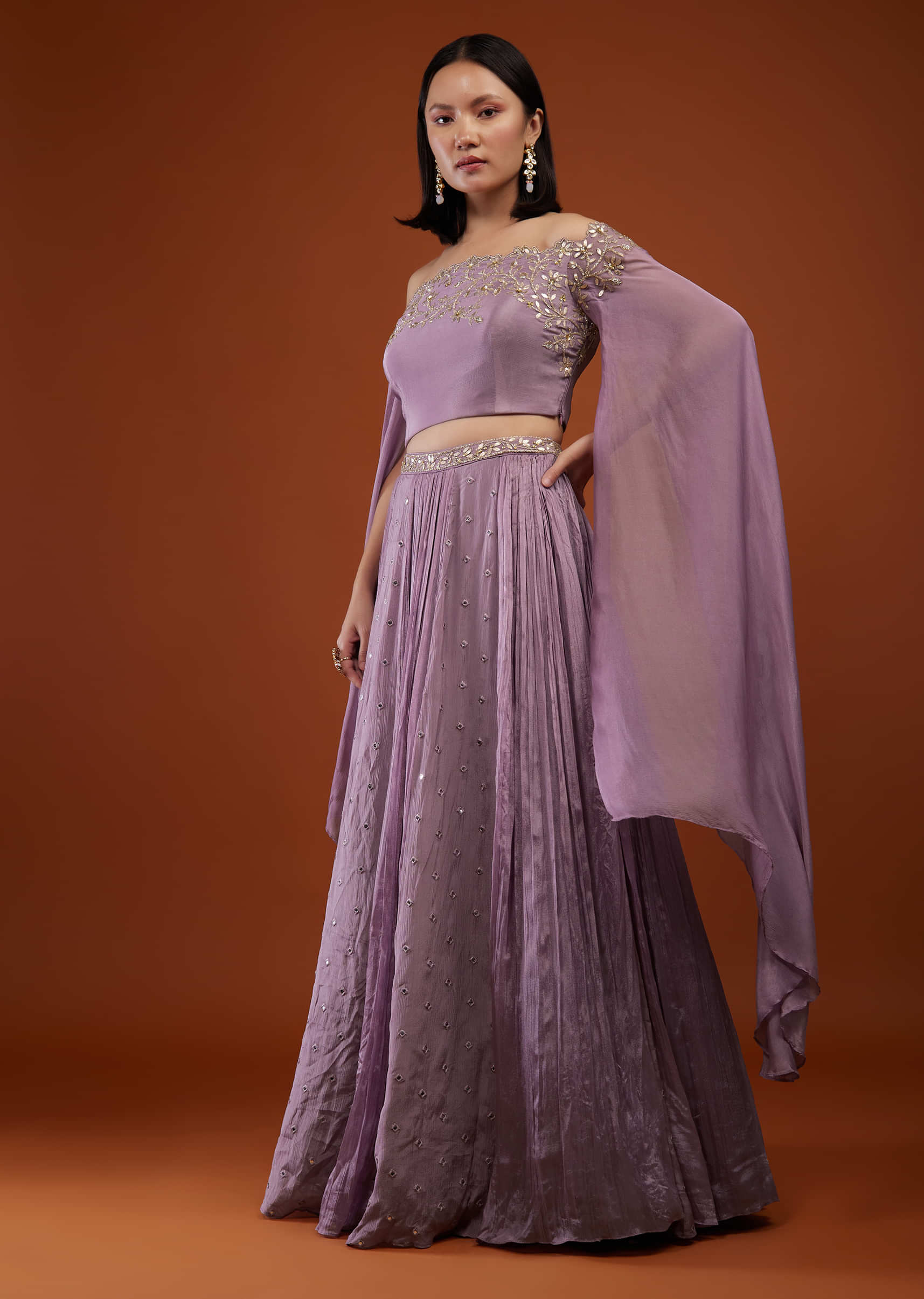 Lilac Purple Ash Skirt And Crop-Top In Chinon With Embroidery