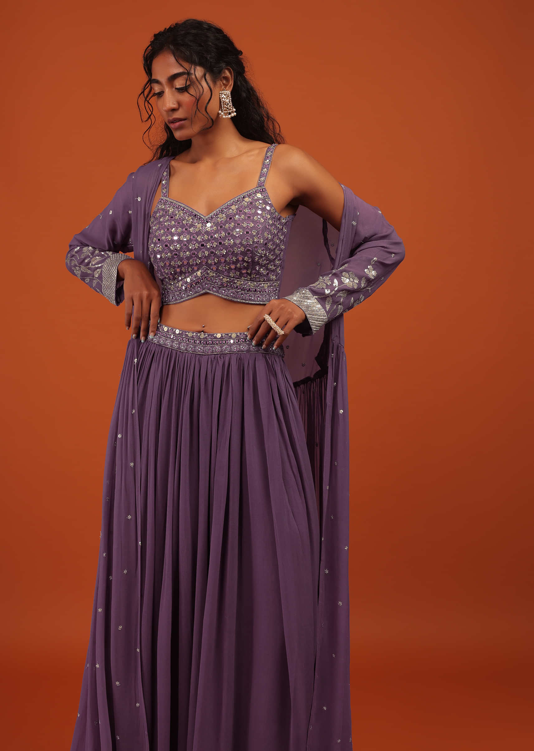 Purple Palazzo Suit In Georgette With Machine Embroidery