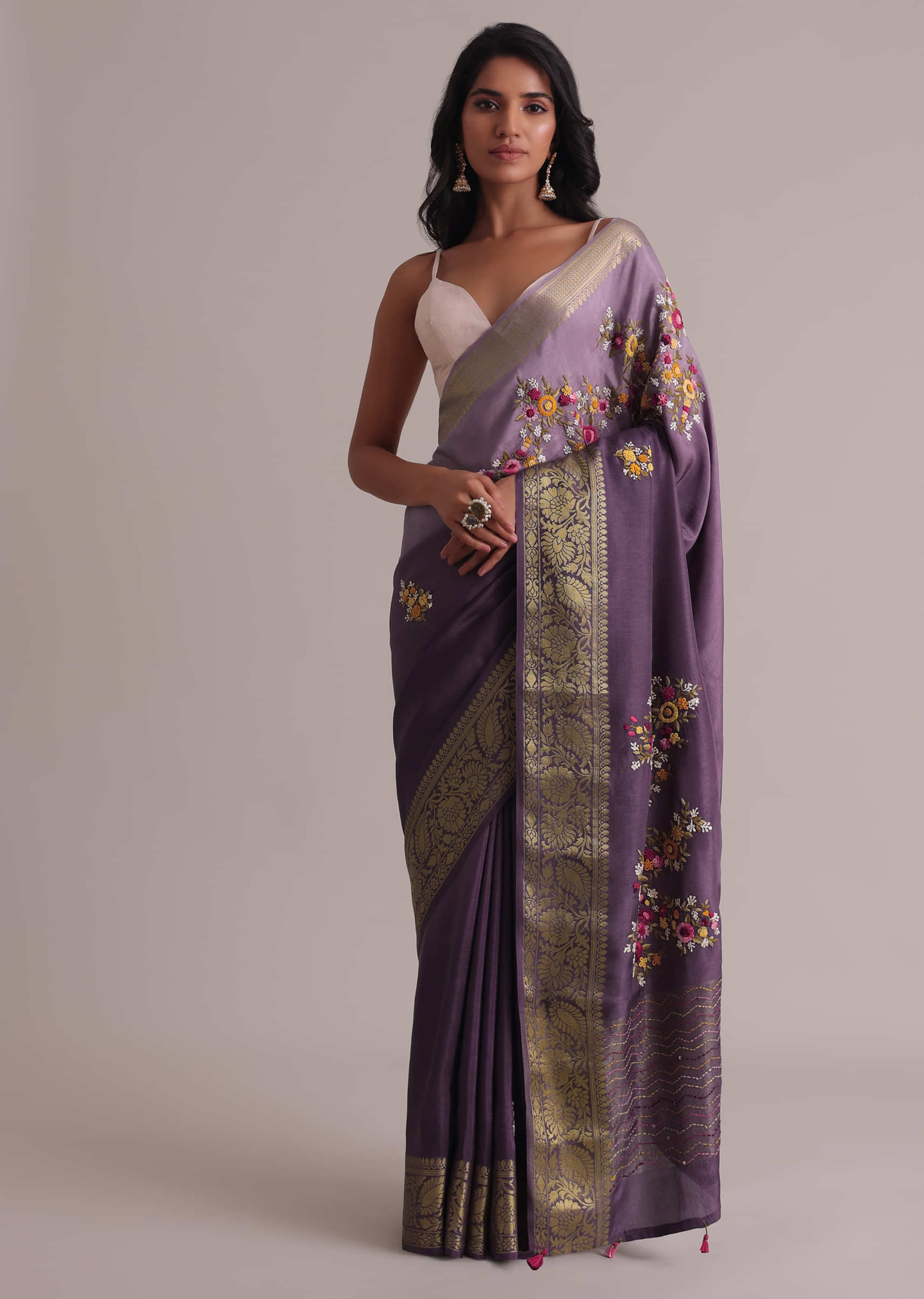 Purple Resham 3D Bud Embroidered Ombre Saree With Brocade And Thread Work In Dola Crepe